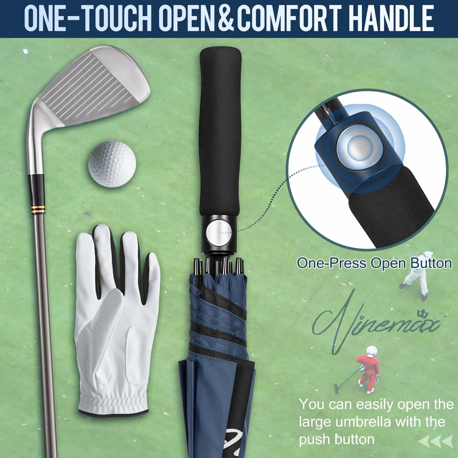 NINEMAX Parasol Golfowy 62 cali Wiatroszczelny Wodoszczelny Podwójny Baldachim Czarny Ciemnoniebieski
