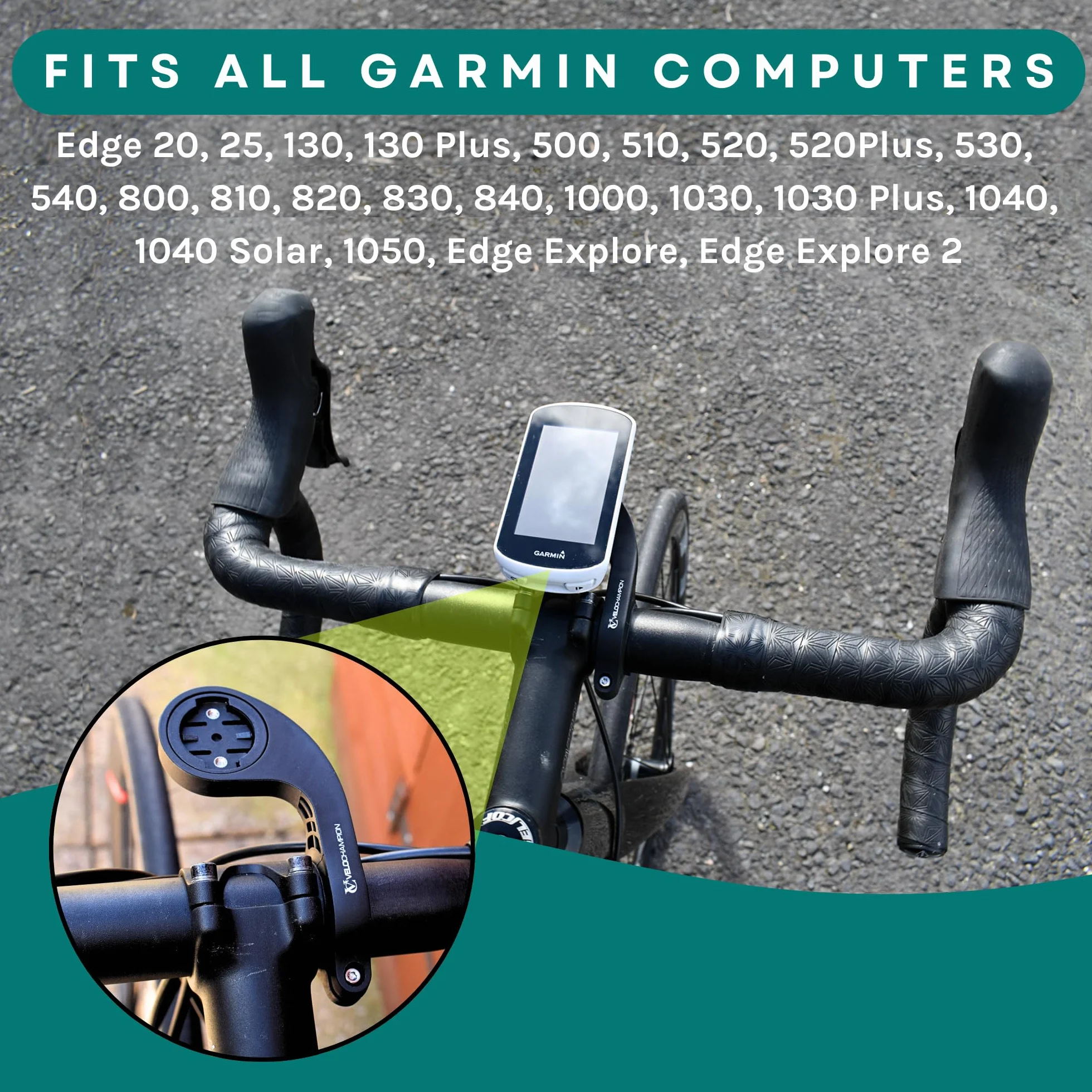 VeloChampion Uchwyt rowerowy na kierownicę typu Out Front kompatybilny z komputerami GPS Garmin i Wahoo. Pasuje do kierownic o średnicy 25,4–35 mm (uchwyt Garmin)
