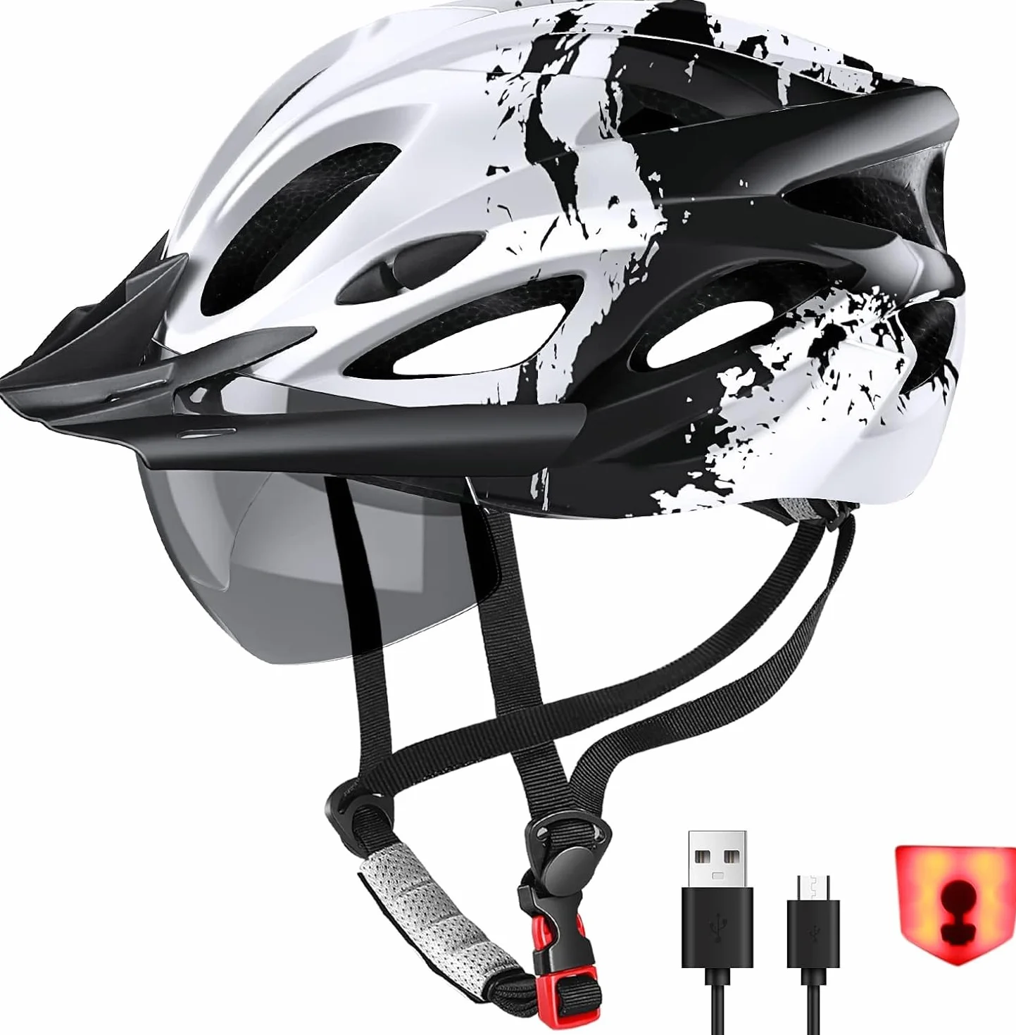 Kask rowerowy dla mężczyzn i kobiet, lekki kask rowerowy ze światłem LED, magnetyczna osłona przeciwsłoneczna, rower górski i szosowy, dla dorosłych, regulowany rozmiar 57-62 cm