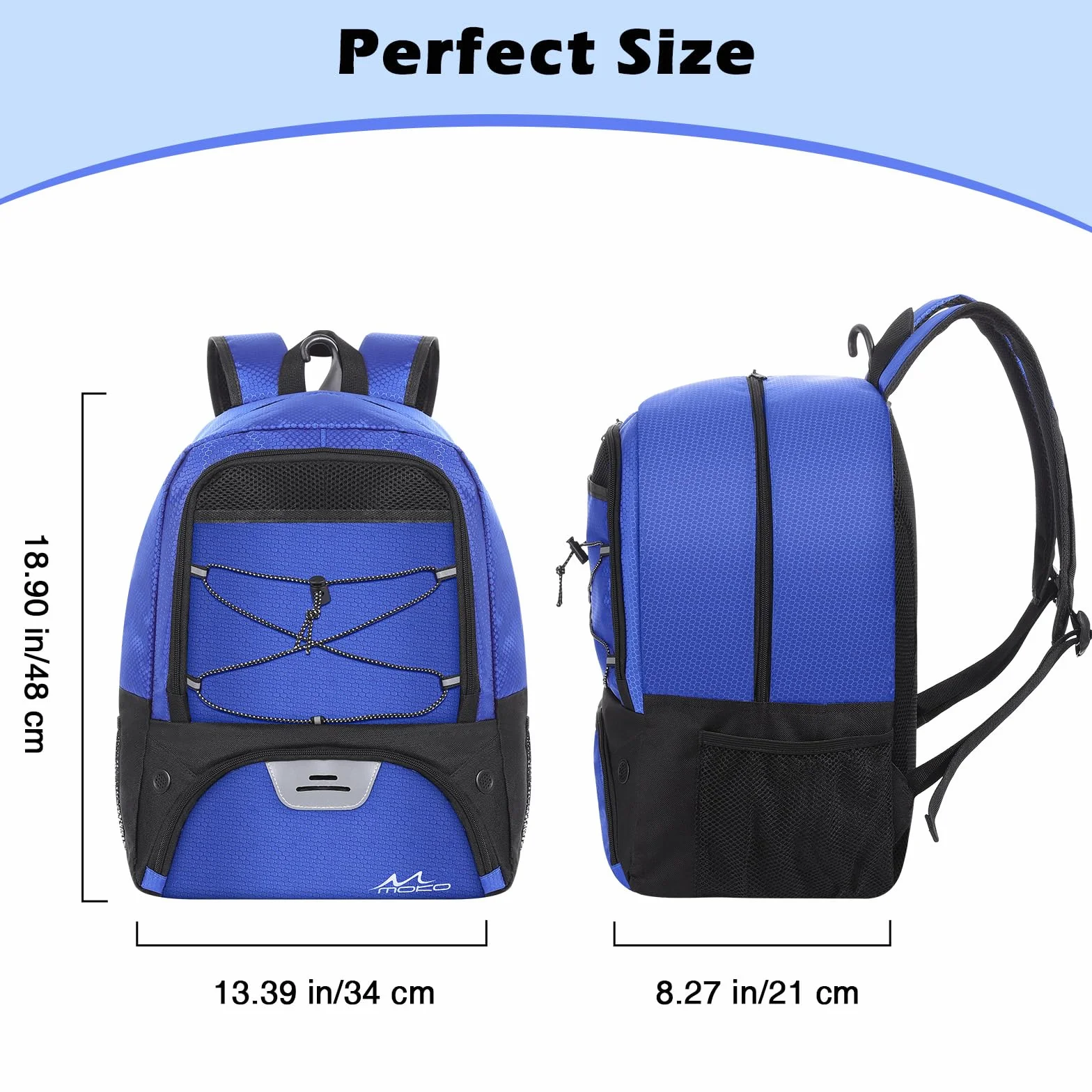 MoKo Basketball Bag Backpack, Soccer Backpack for Men & Women with Separate Ball and Shoes Compartments, Water-Resistant, Fence Hook, Sports Bag for Clothes, Shoes, Tablets, Laptops, Blue