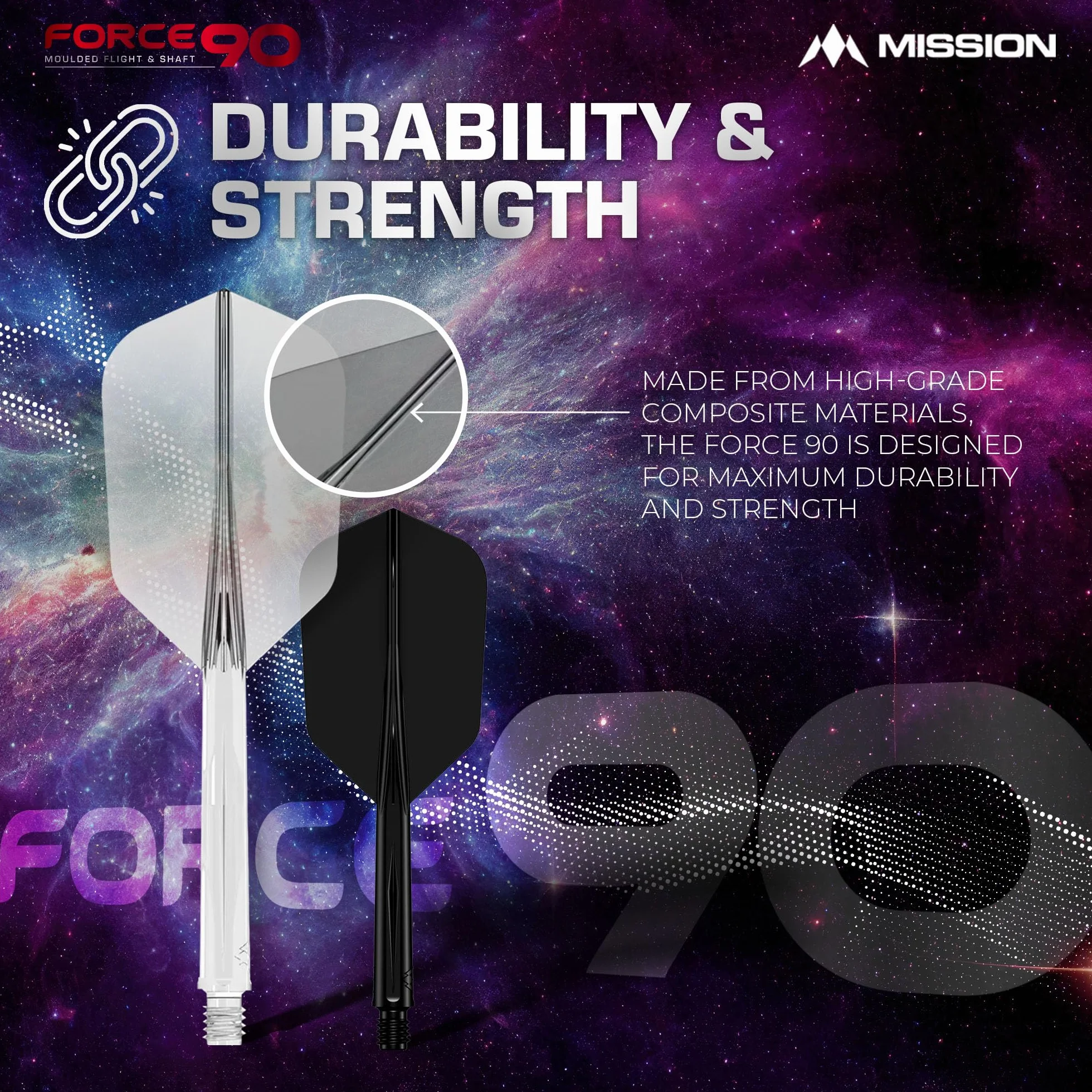 Mission Darts Force 90 | Zintegrowany precyzyjnie formowany system lotu i wałka do rzutek, 3 sztuki, profesjonalne, bardzo trwałe, kombinowane loty i łodygi 2 w 1, smukłe
