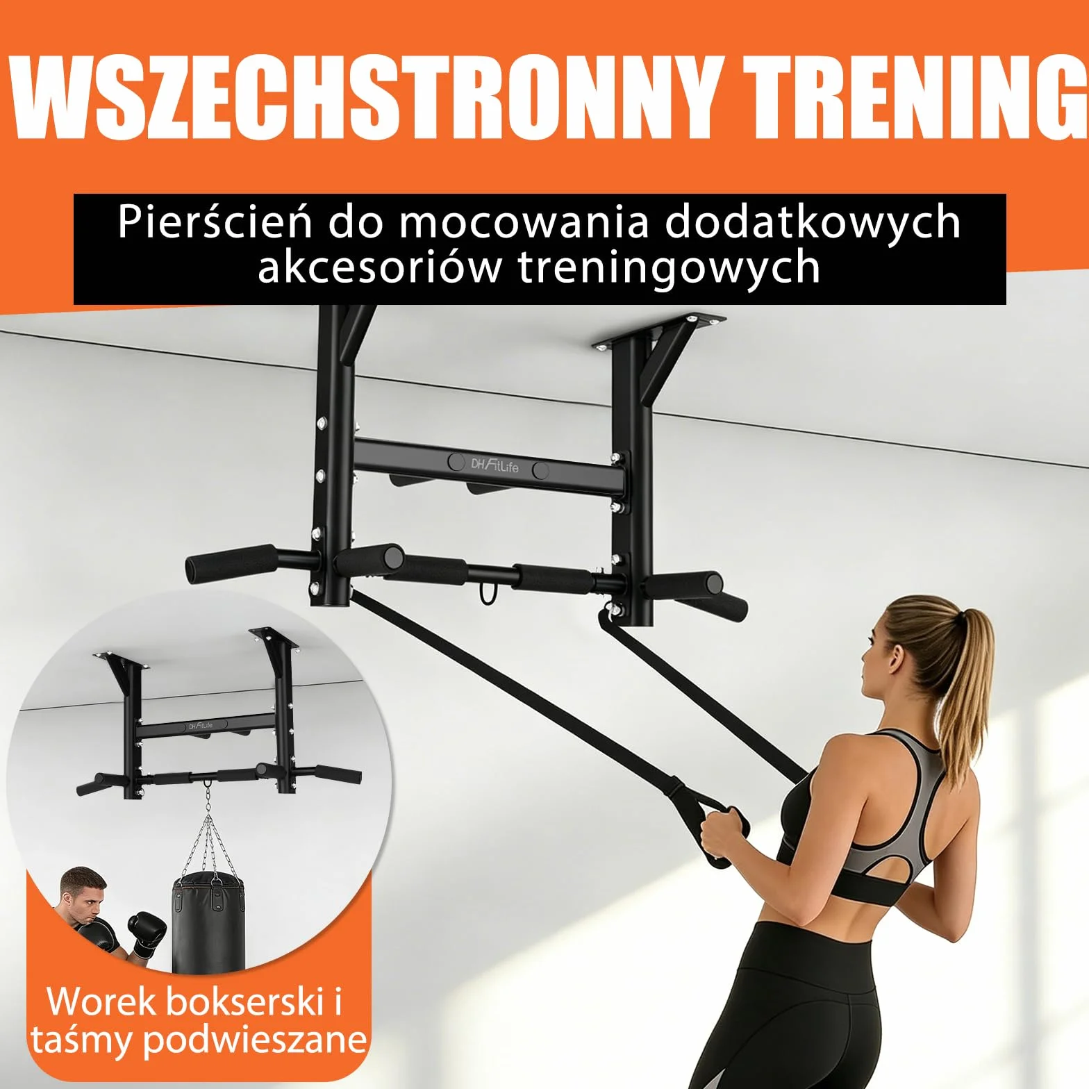 DH FitLife Drążek Sufitowy do Podciągania 4 w 1 do 300 kg | 8 Antypoślizgowych Uchwytów | 3 Punkty Mocowania | Stabilny i Bezpieczny