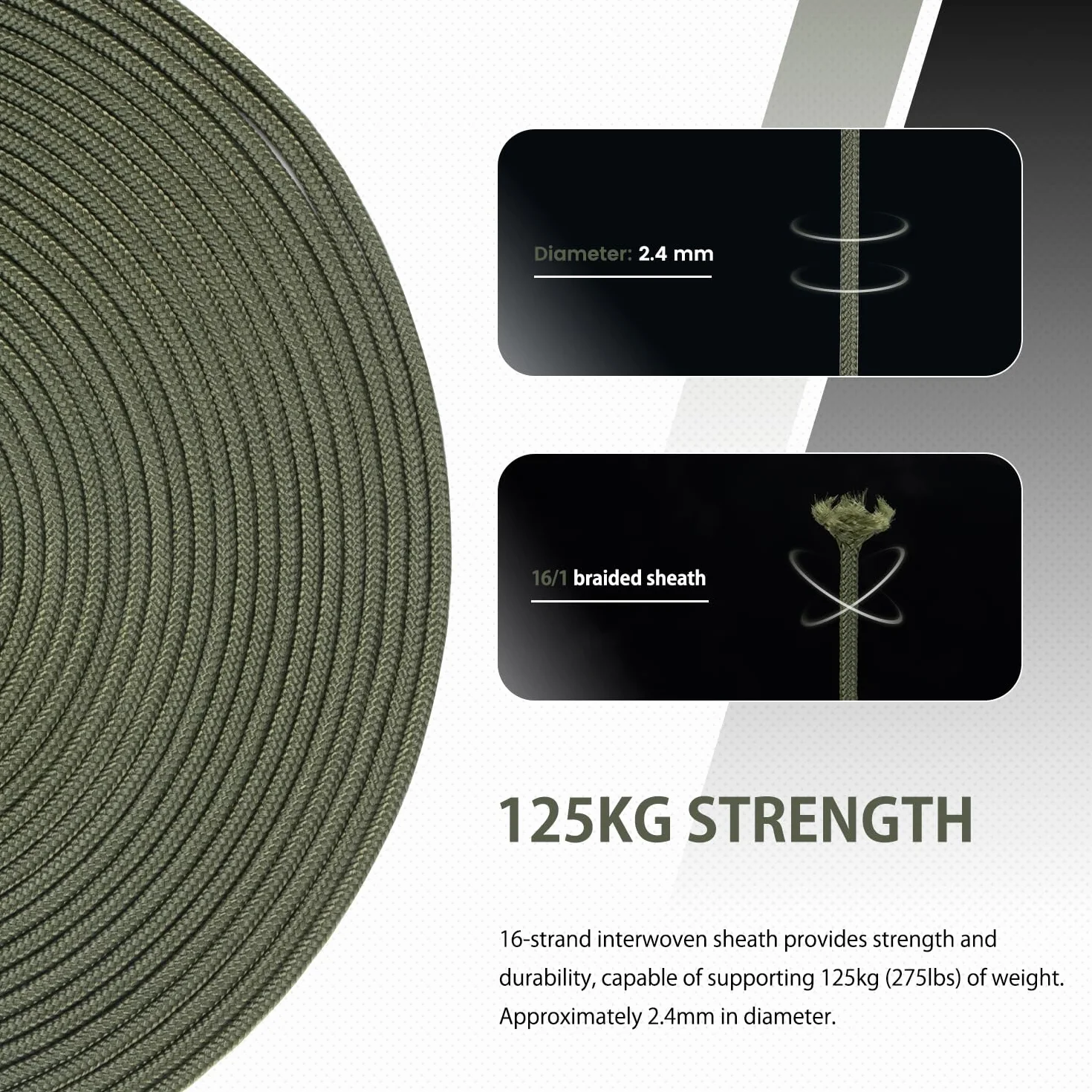 Abma Cord 275LB Paracord 2.4mm 30m Linka Nylonowy Sznurek 4 Strands Taktyczna - Max. 125kg (275lbs) - Zielony wojskowy