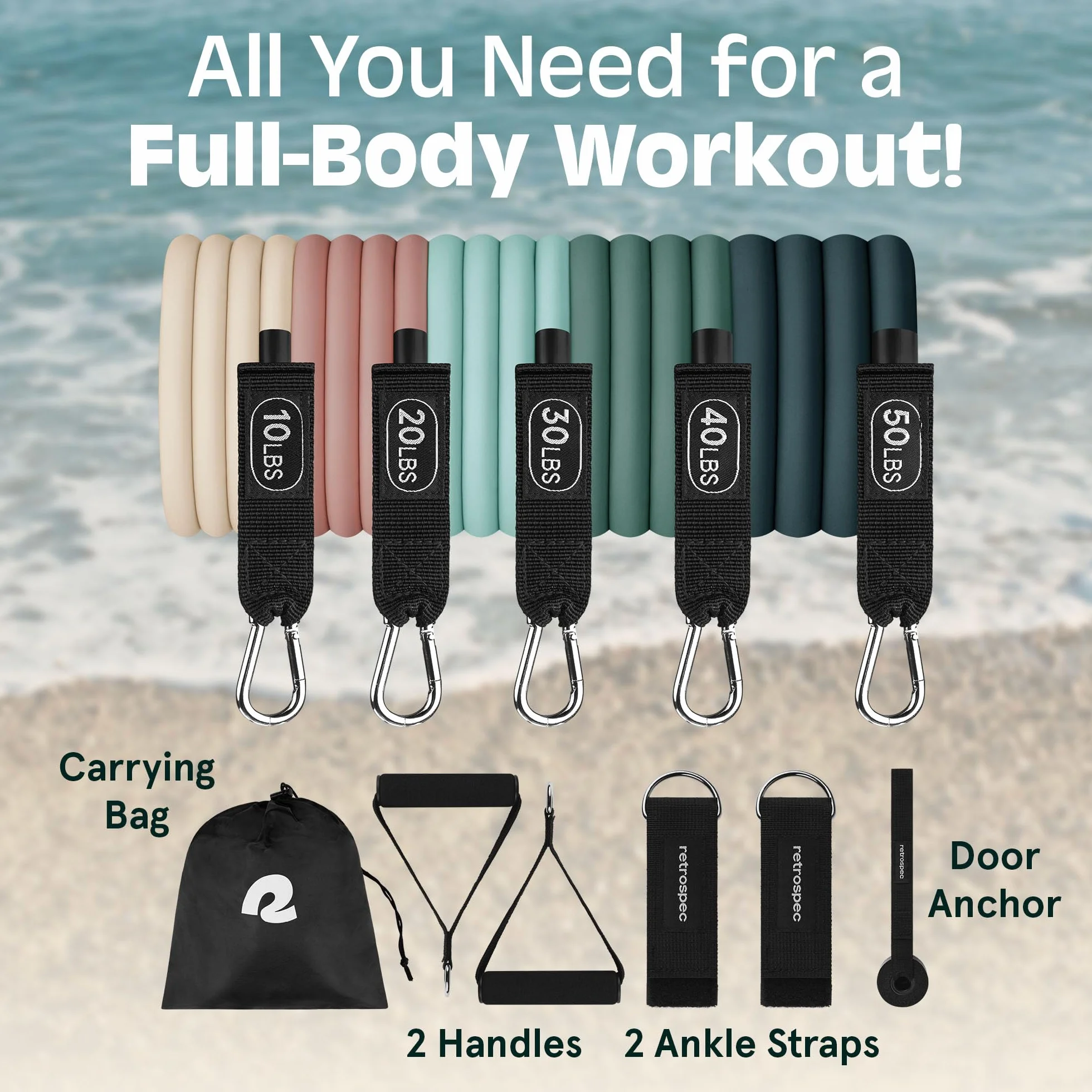 Retrospec Train Resistance Bands Set (5pc) Workout Bands w/Handles, Door Anchor, Carry Bag for Women & Men, Smoothie