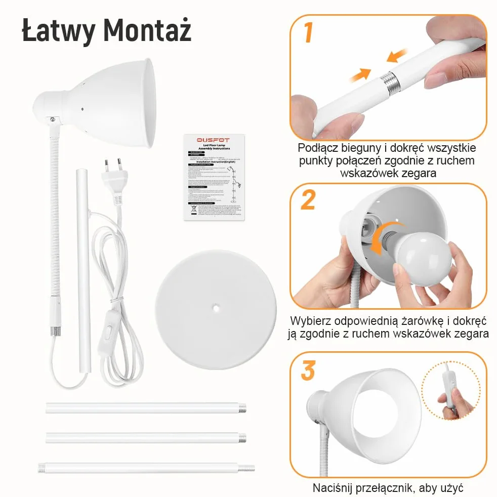 OUSFOT Lampa Podłogowa 146cm E27 40W Biała Regulowana