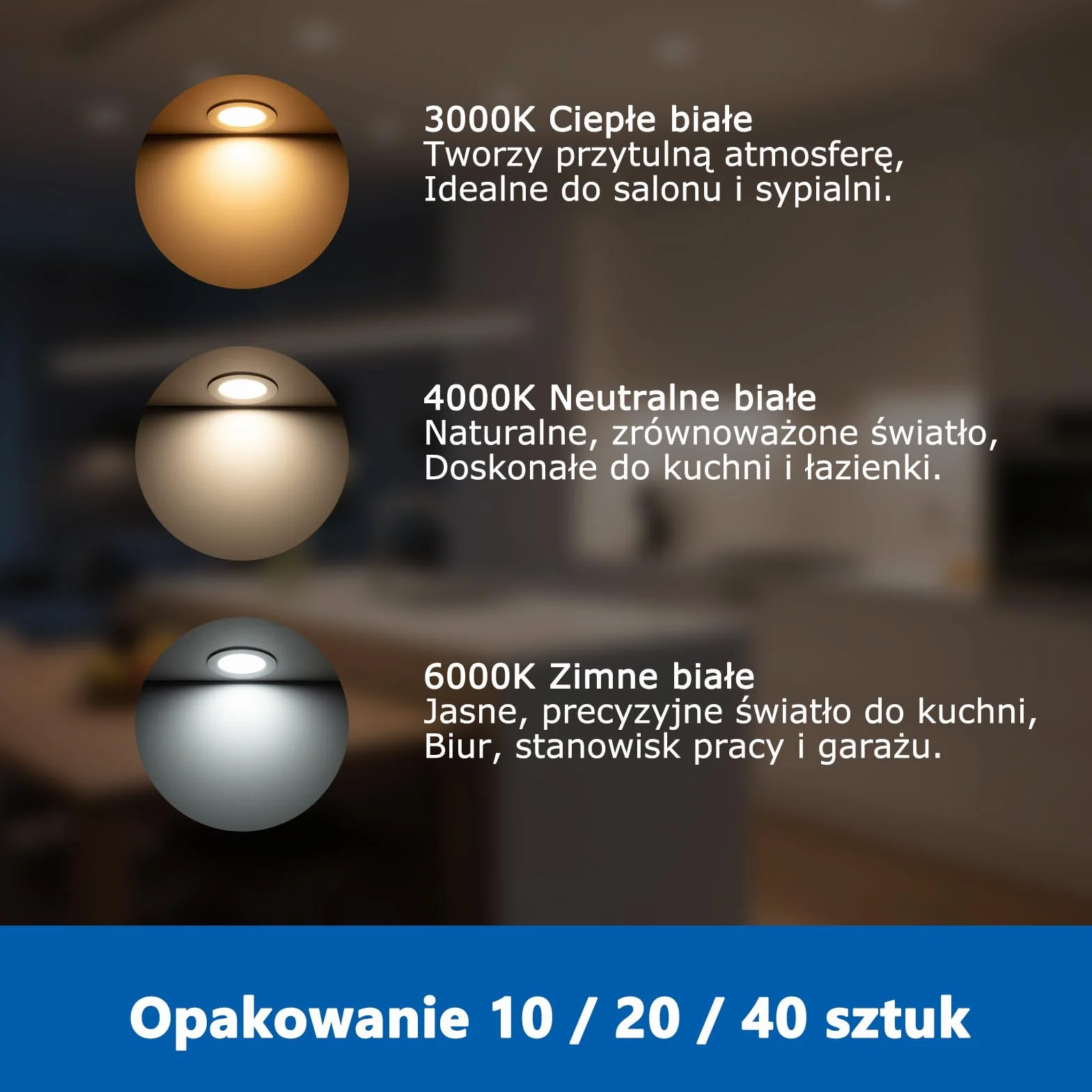 Reflektory LED Wpuszczane Sufitowe 4000K IP44 5W 400lm 220-240V Otwór 68mm Zestaw 20 Sztuk