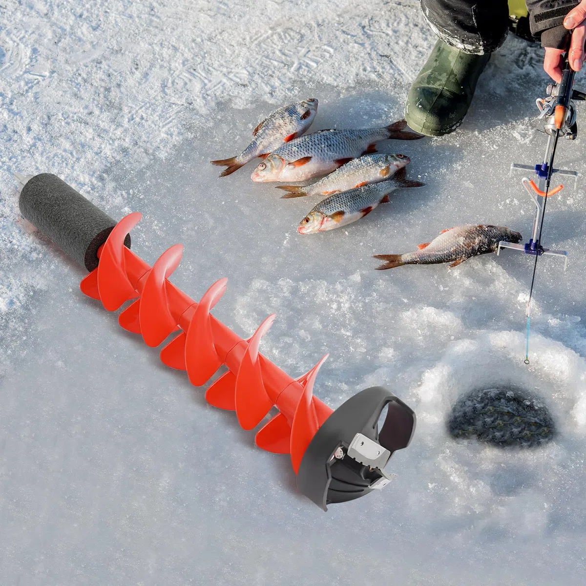 Wiertło do lodów do łowienia lodu, nylonowe wiertło do lodu o średnicy 15 cm, ostrza ze stali nierdzewnej, funkcja pływania, kompatybilne z wkrętarkami akumulatorowymi, pokrywa ochronna (czerwony
