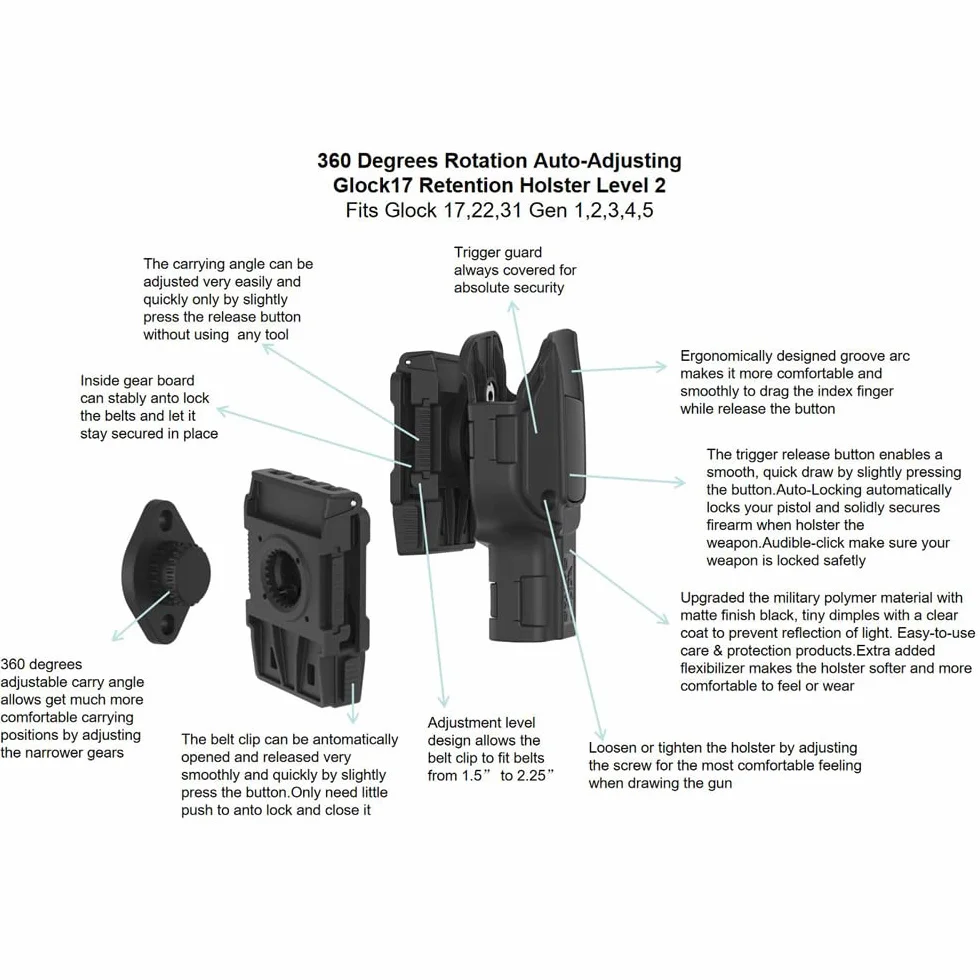 Obrót o 360° Glock17 Kabura do Glock17, 22, 31 Gen 1-4 i G17 Gen5 - Prawa ręka OWB klips do paska ukryty do noszenia