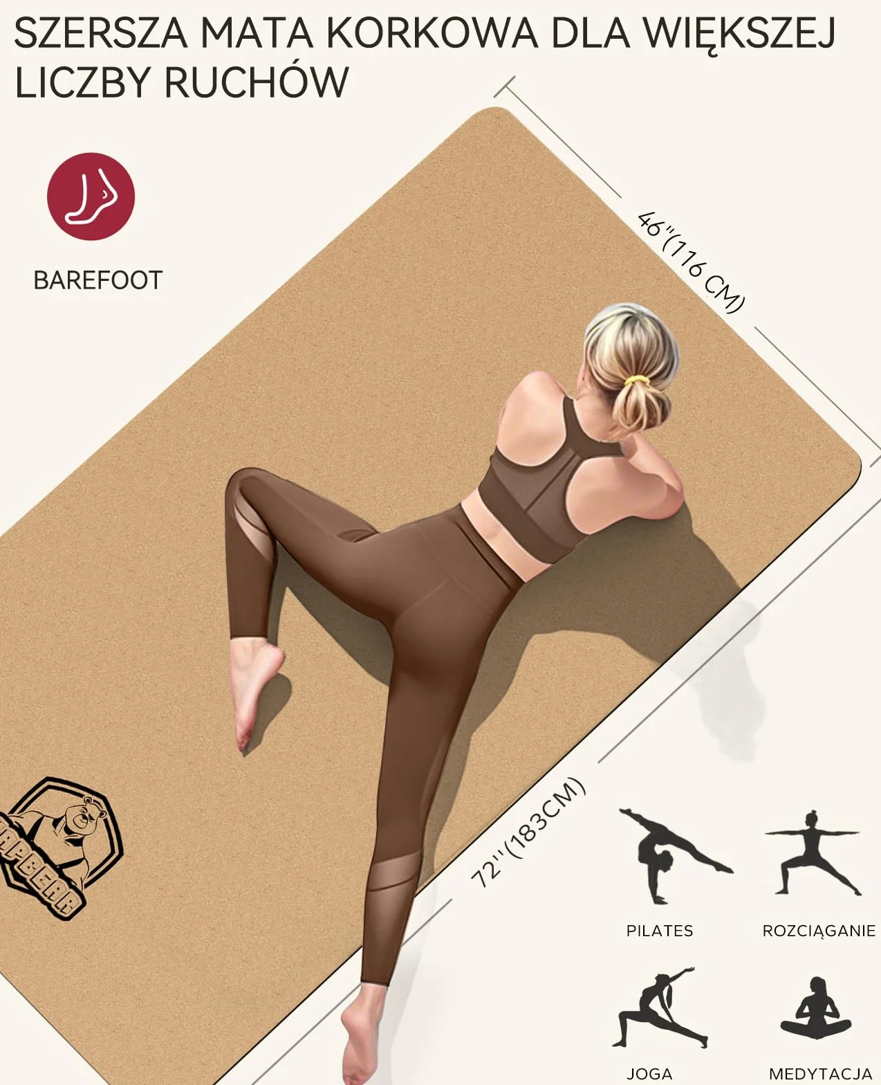HAPBEAR Mata do jogi z korka XXL – Antypoślizgowa, 183×116/91 cm, 6 mm, 100% naturalna, trwała, do jogi i pilatesu, z taśmą oporową i torbą