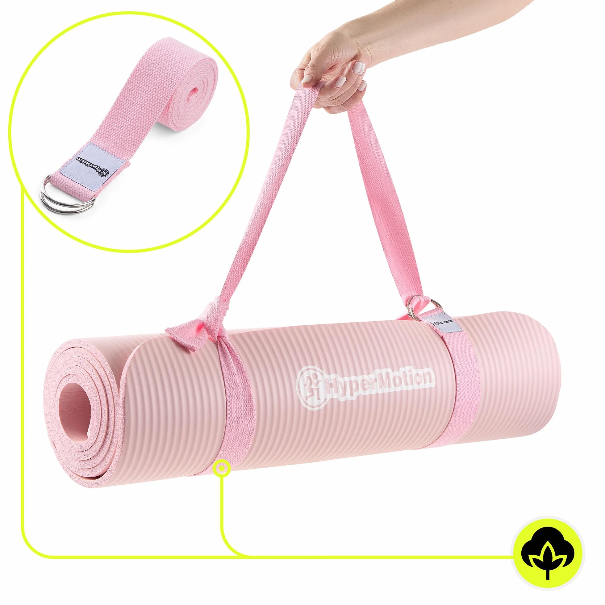 HyperMotion Mata do Ćwiczeń Fitness i Jogi NBR 183x61x0,8 cm Różowa, Antypoślizgowa, 8 mm, z Paskiem do Ćwiczeń i Przenoszenia, do Jogi, Pilatesu i Stretchingu