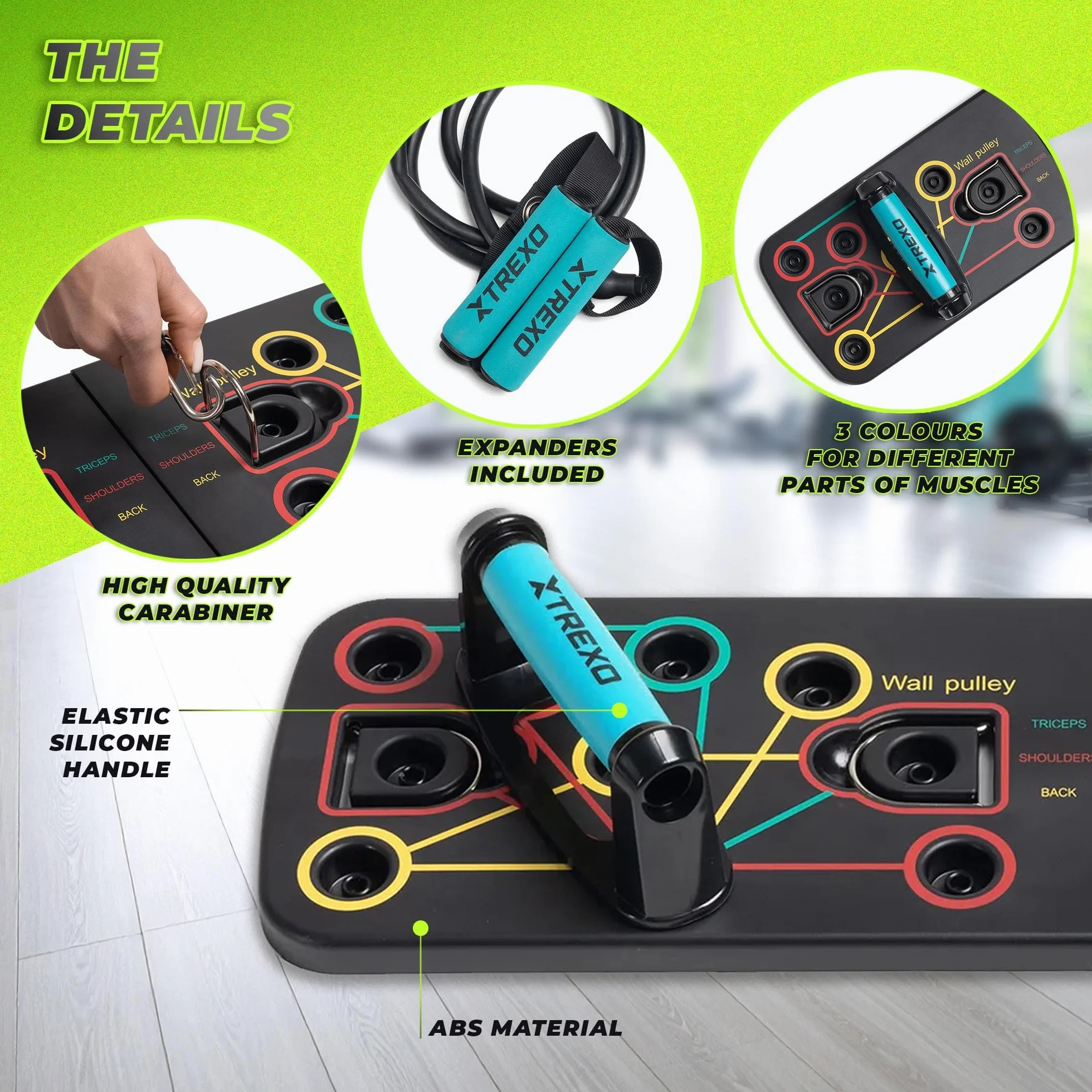XTREXO Wielofunkcyjna deska do pompek w kolorze czarnym, z kodami kolorystycznymi, urządzenie do fitnessu z tworzywa ABS i TP Comapect, 66 x 20 x 2 cm, uniwersalny trening siłowy, antypoślizgowe