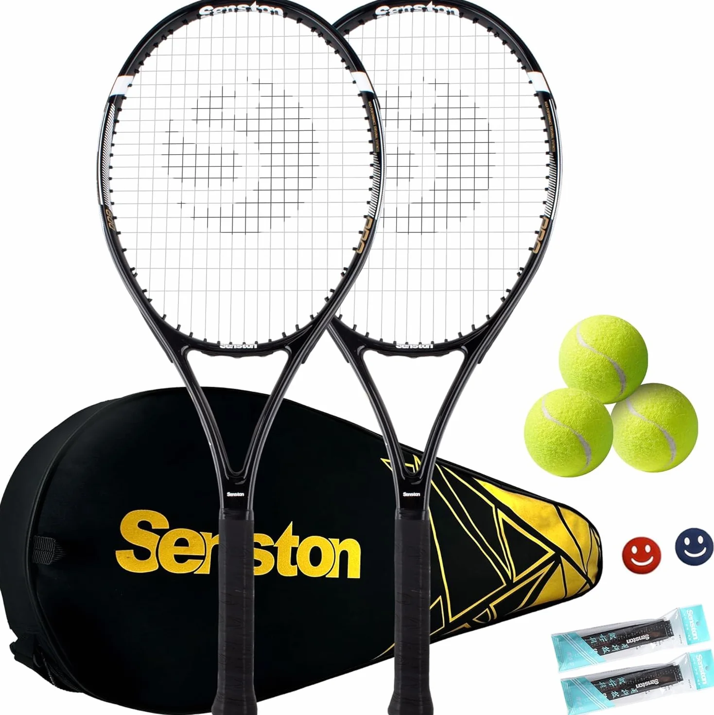 Senston Rakieta tenisowa dla dorosłych – 68,6 cm – zestaw dla 2 graczy z 3 piłkami, 2 uchwytami, 2 amortyzatorami wibracyjnymi, czarna + czarna