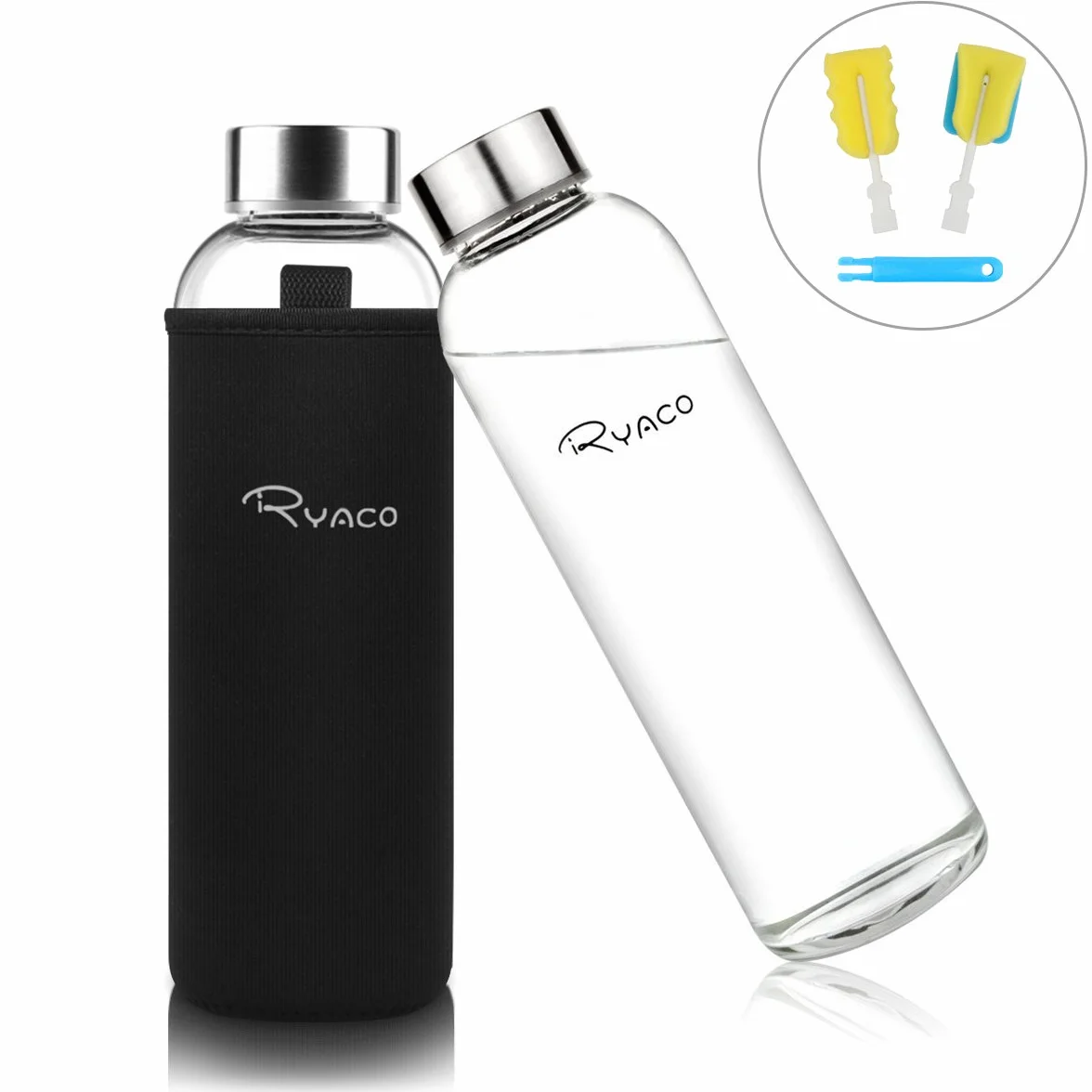 RYACO Butelka na wodę ze szkła borokrzemowego, 550 ml, bez BPA, szczelna, do szkoły, domu, biura, podróży, sportu, jogi, siłowni, gorących/zimnych napojów, z neoprenowym rękawem i szczotką z gąbki