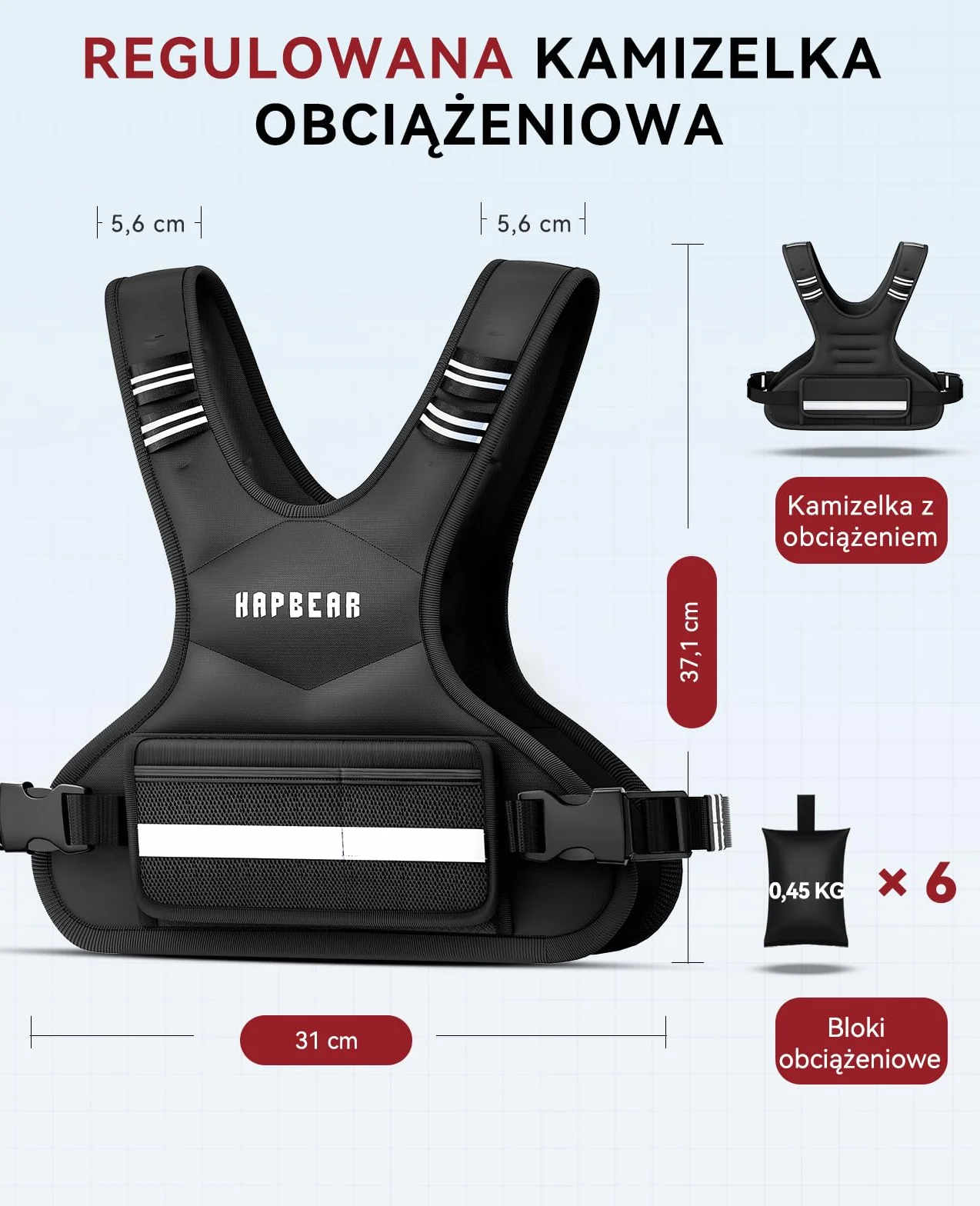 HAPBEAR Regulowana kamizelka obciążeniowa 4–10 lb z wkładami z piasku żelaznego