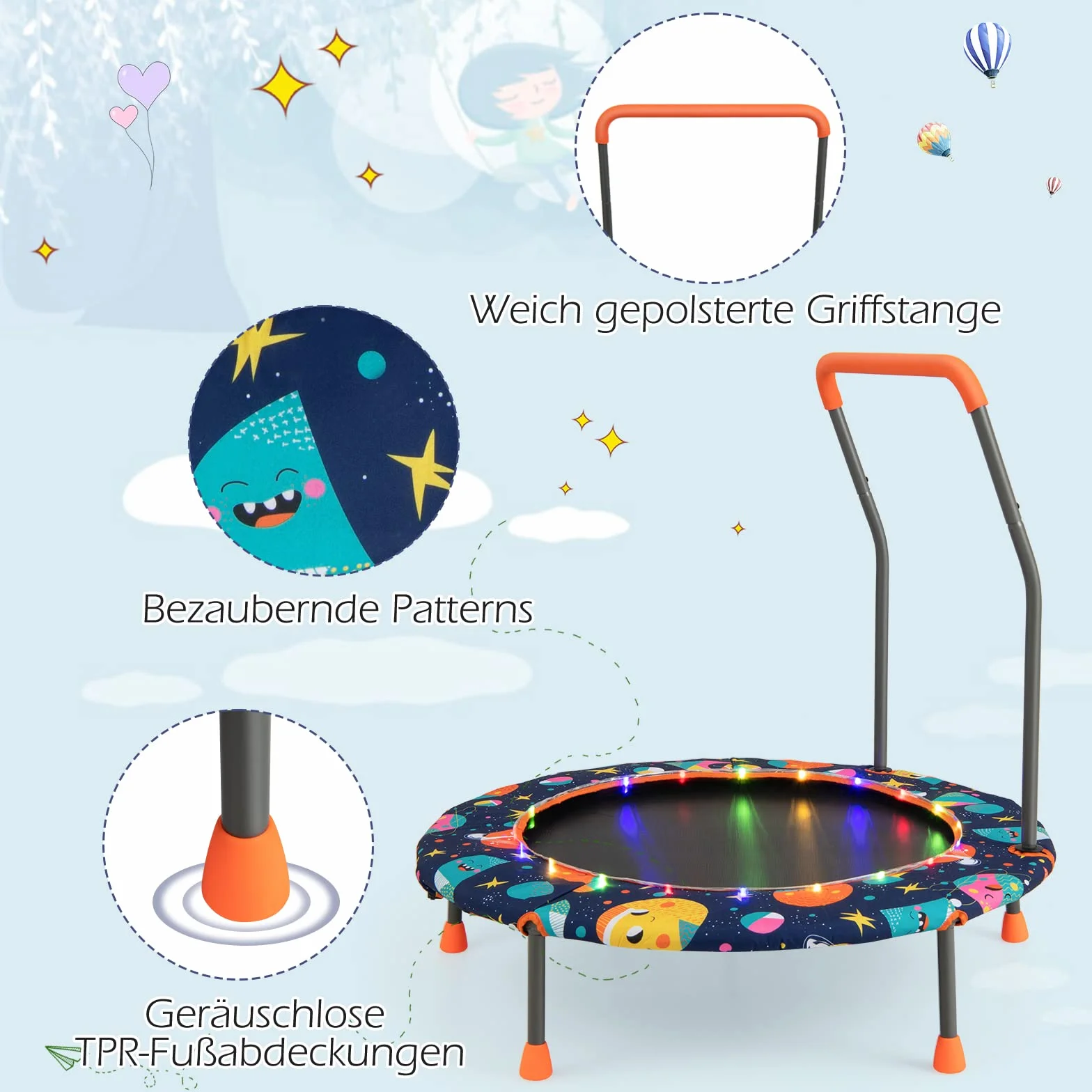 COSTWAY Trampolina dla dzieci 92 cm z oświetleniem LED, uchwyt bezpieczeństwa, obciążenie 25 kg