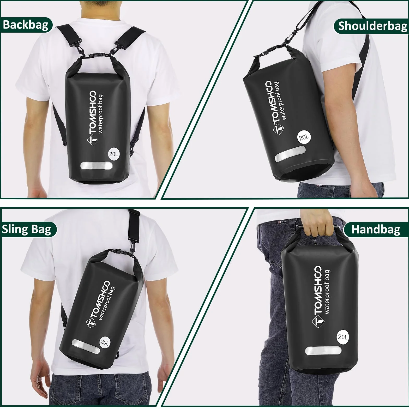 TOMSHOO Dry Bag Set, Wodoodporny Plecak 10L/20L z Wodoodpornym Pokrowcem i Kieszeń na Telefon Komórkowy, Regulowany Pasek na Ramię, Wodoodporny Plecak na Spływy Kajakowe, 20L, Czarny