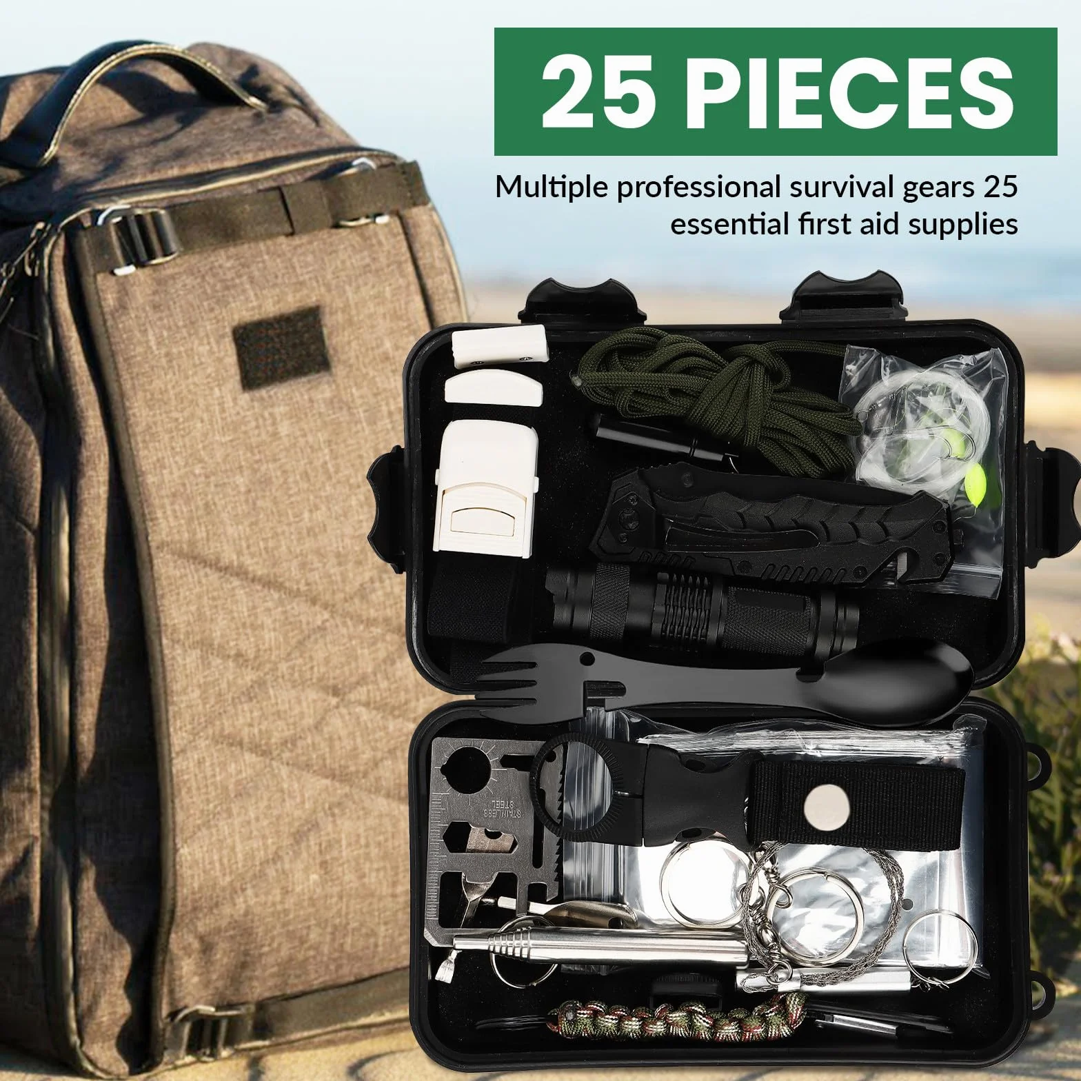 Zestaw survivalowy 26 w 1, profesjonalny zestaw ratunkowy na zewnątrz i do domu, sprzęt outdoorowy, sprzęt survivalowy, na kemping, krzak, wędrówki, polowanie, przygodę