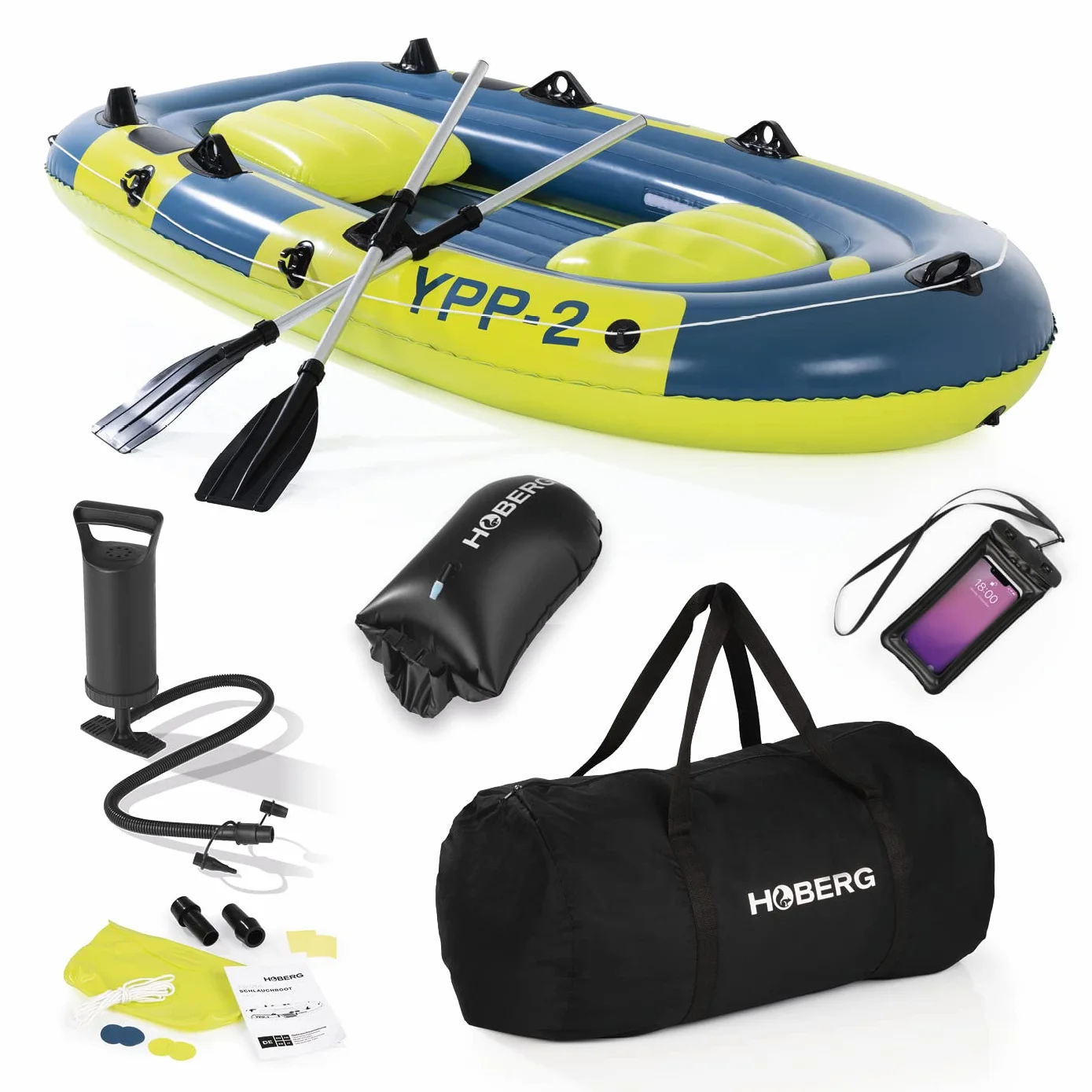 Hoberg Ponton 2-osobowy 4-osobowy z 2 ławkami, wiosłami, pompką, zestawem naprawczym, uchwytami wędkarskimi, Dry Bag, PCW
