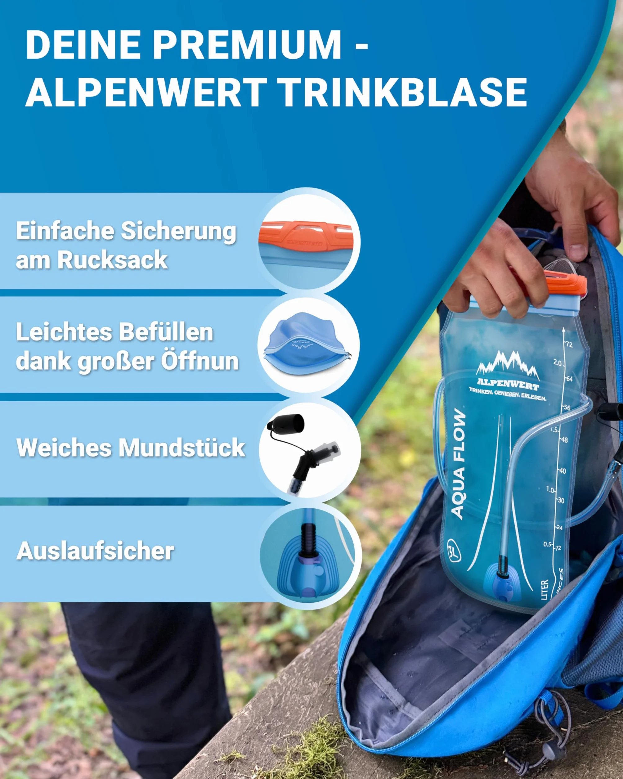 Alpenwert Bukłak do picia z wężem do picia [bukłak na wodę 1 l / 2 l / 3 l nie zawiera BPA] ultralekki system do picia do plecaka, idealny do aktywności na świeżym powietrzu, biegania, biegania w
