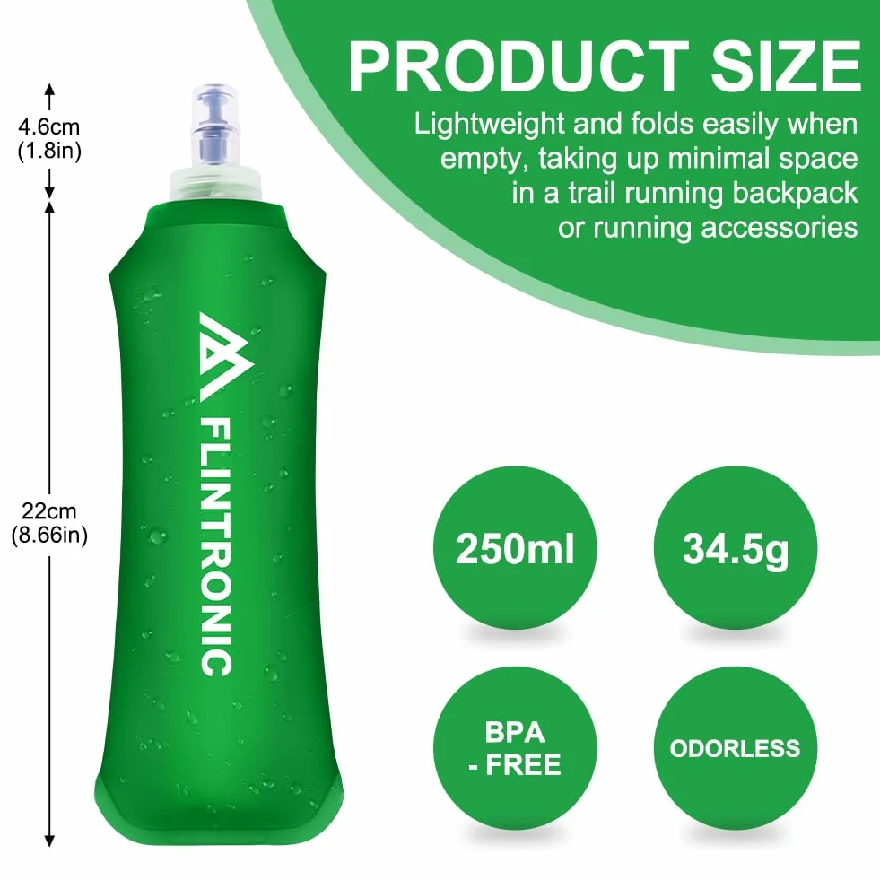 flintronic Miękka piersiówka, 250 ml, TPU, składana butelka na wodę, ręczna butelka na wodę z paskiem na nadgarstek i karabińczykami, nie zawiera BPA, do biegania, jazdy na rowerze, wędrówek, zielona