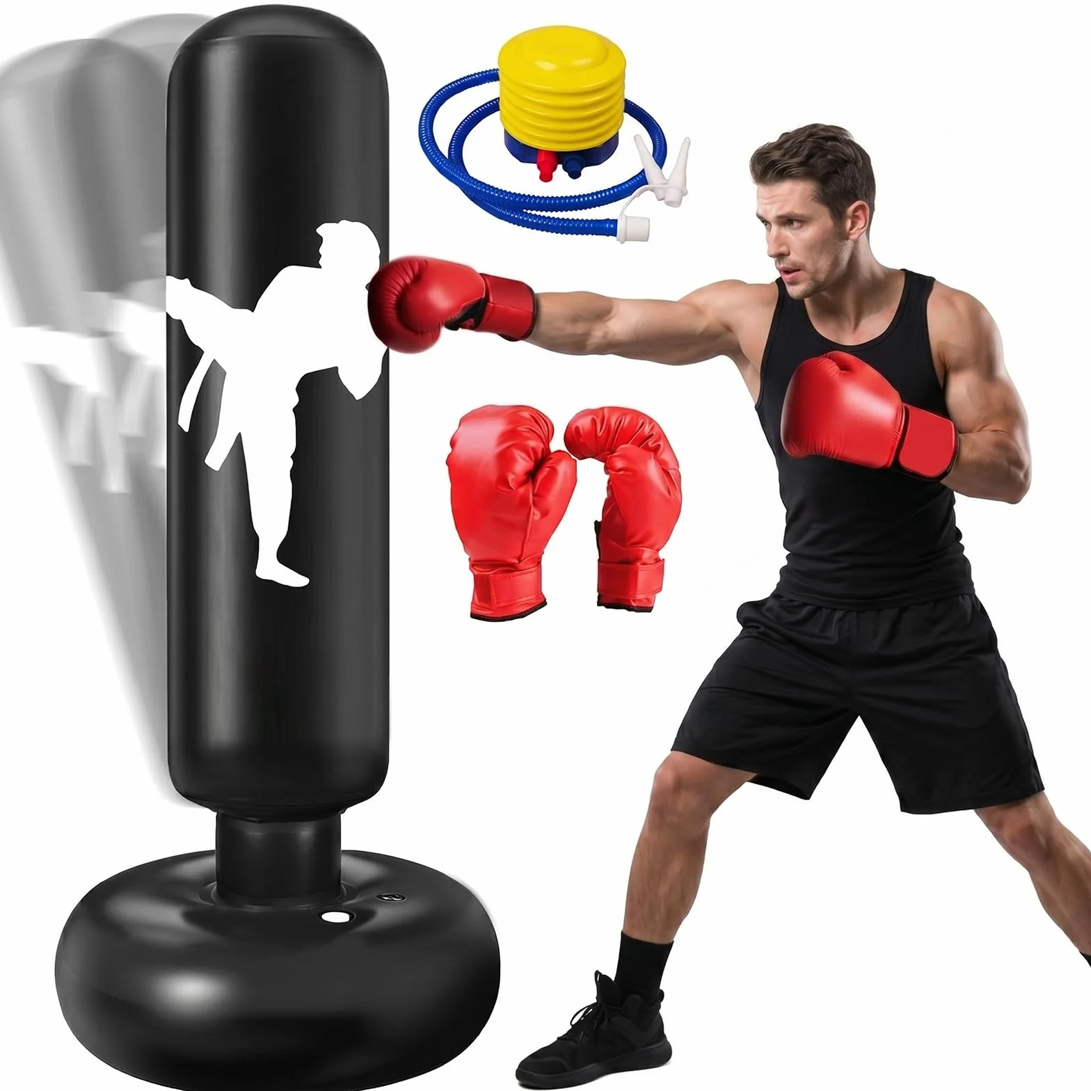 Ninonly Worek bokserski dla dzieci 160 cm z rękawiczkami i pompką Punching Ball Boxing Boy Idealny Karate, Kickboxing, sprzęt bokserski, worek bokserski dla chłopców i dziewcząt, czarny KO