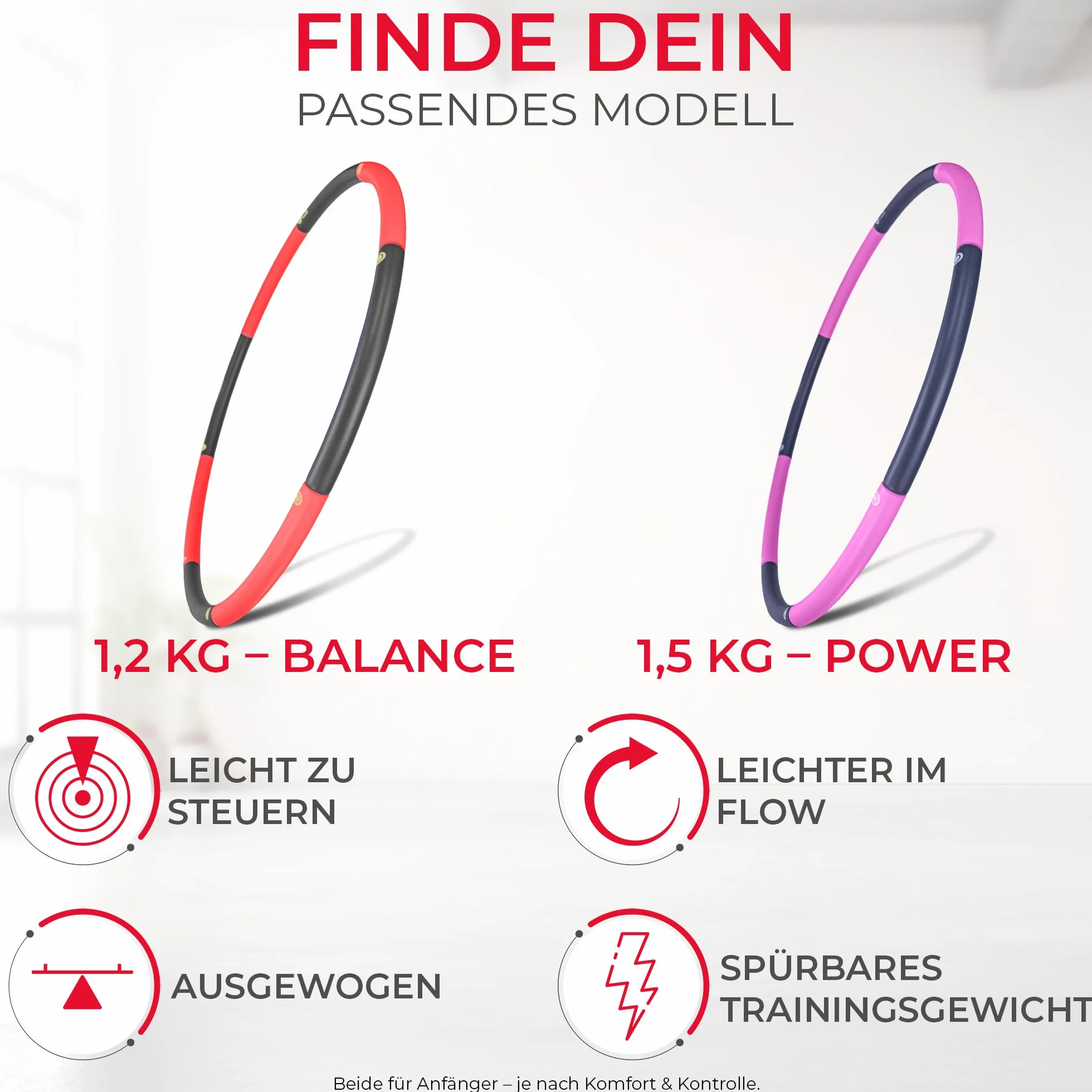 Hula hop dla początkujących, bez fal i wypustek, 1 kg do 1,5 kg, 75-100 cm, 6-8 segmentów, Hullahub Fitness Sport dla dorosłych do odchudzania