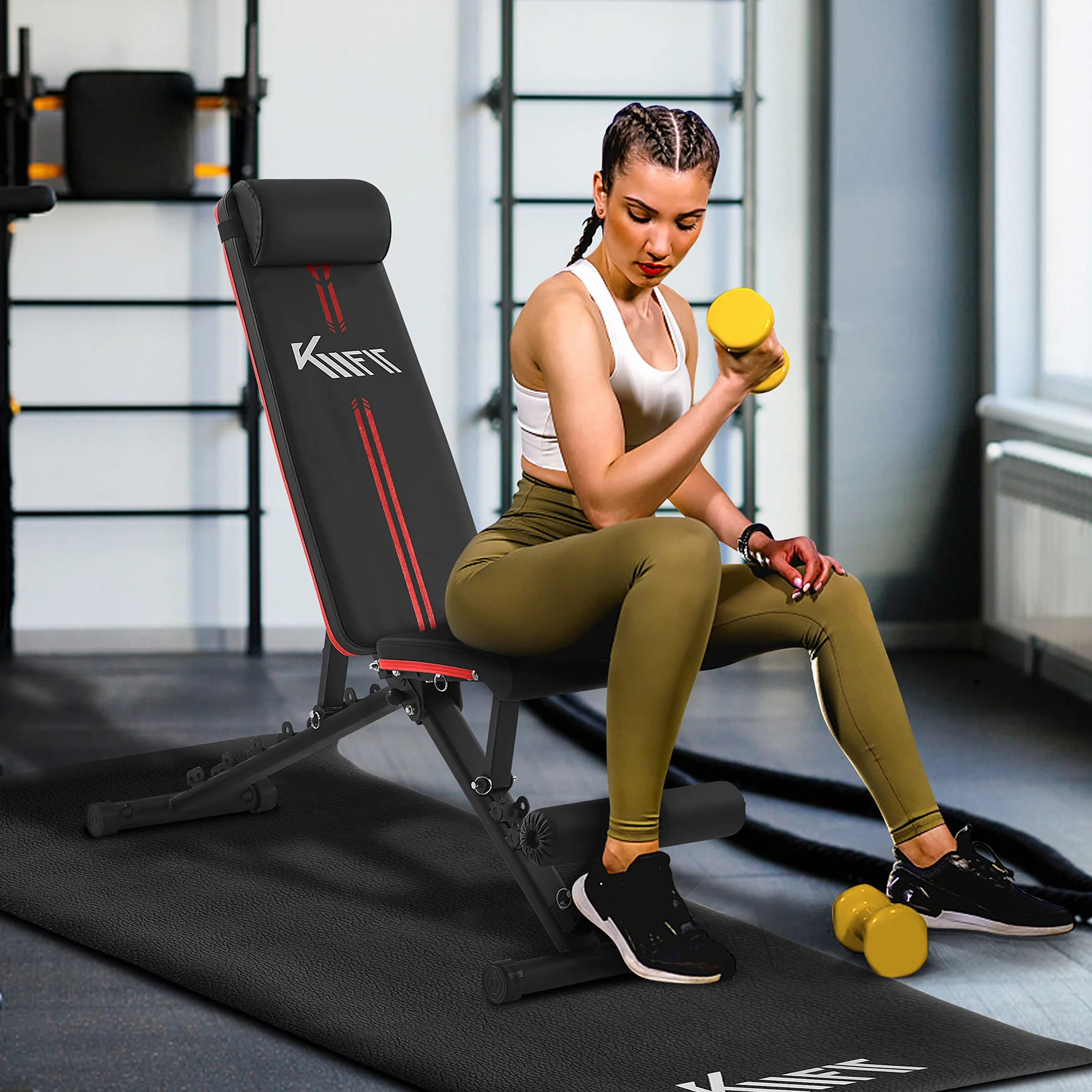 KM-Fit Składana ławka treningowa Fitness z regulowanym oparciem i siedziskiem, nośność 400 kg
