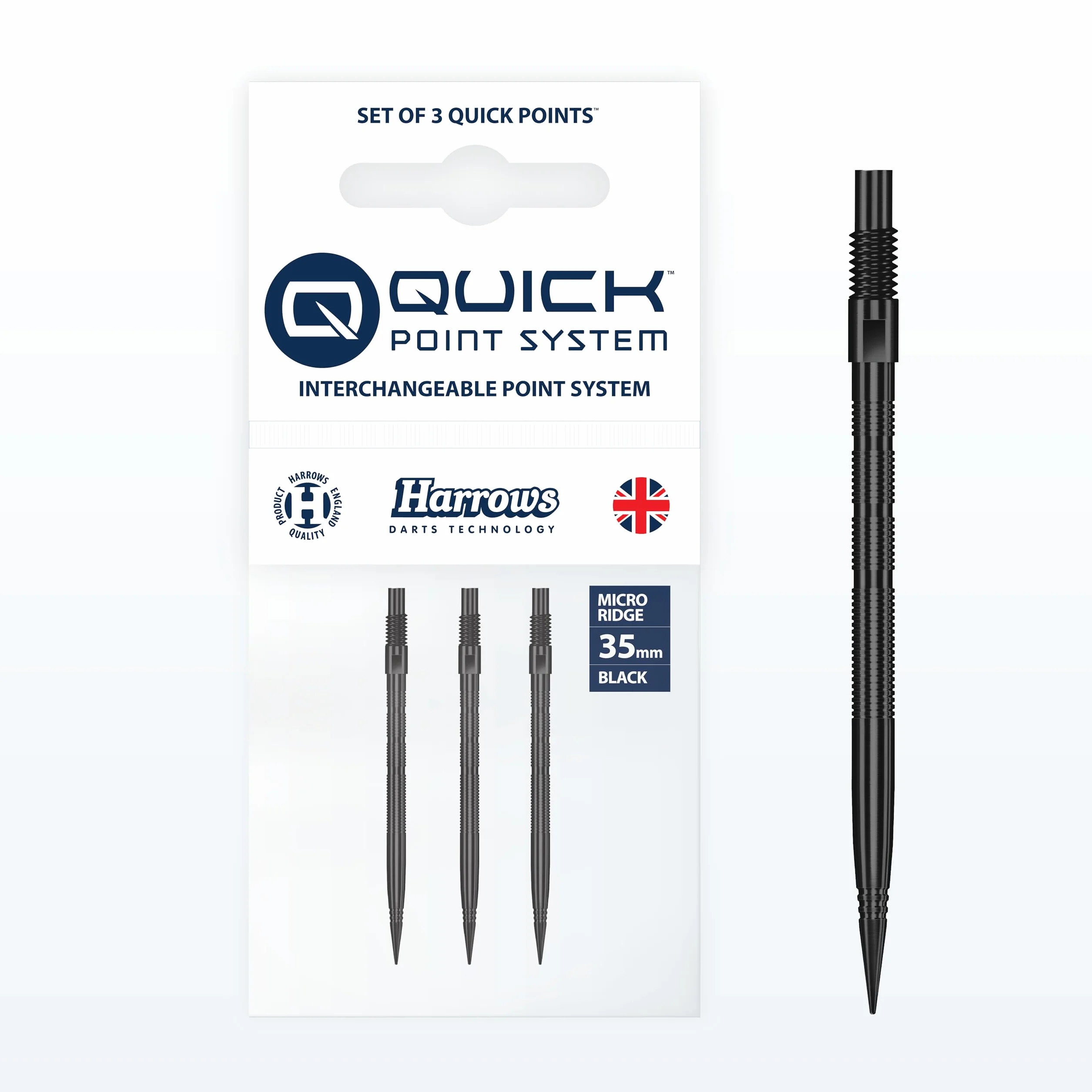 Harrows Quick Points Micro Grip – precyzyjne frezowane CNC punkty do rzutek z ulepszonym uchwytem na palec i konstrukcją bez pęknięć, system szybkiej wymiany punktów, 35 mm, czarne