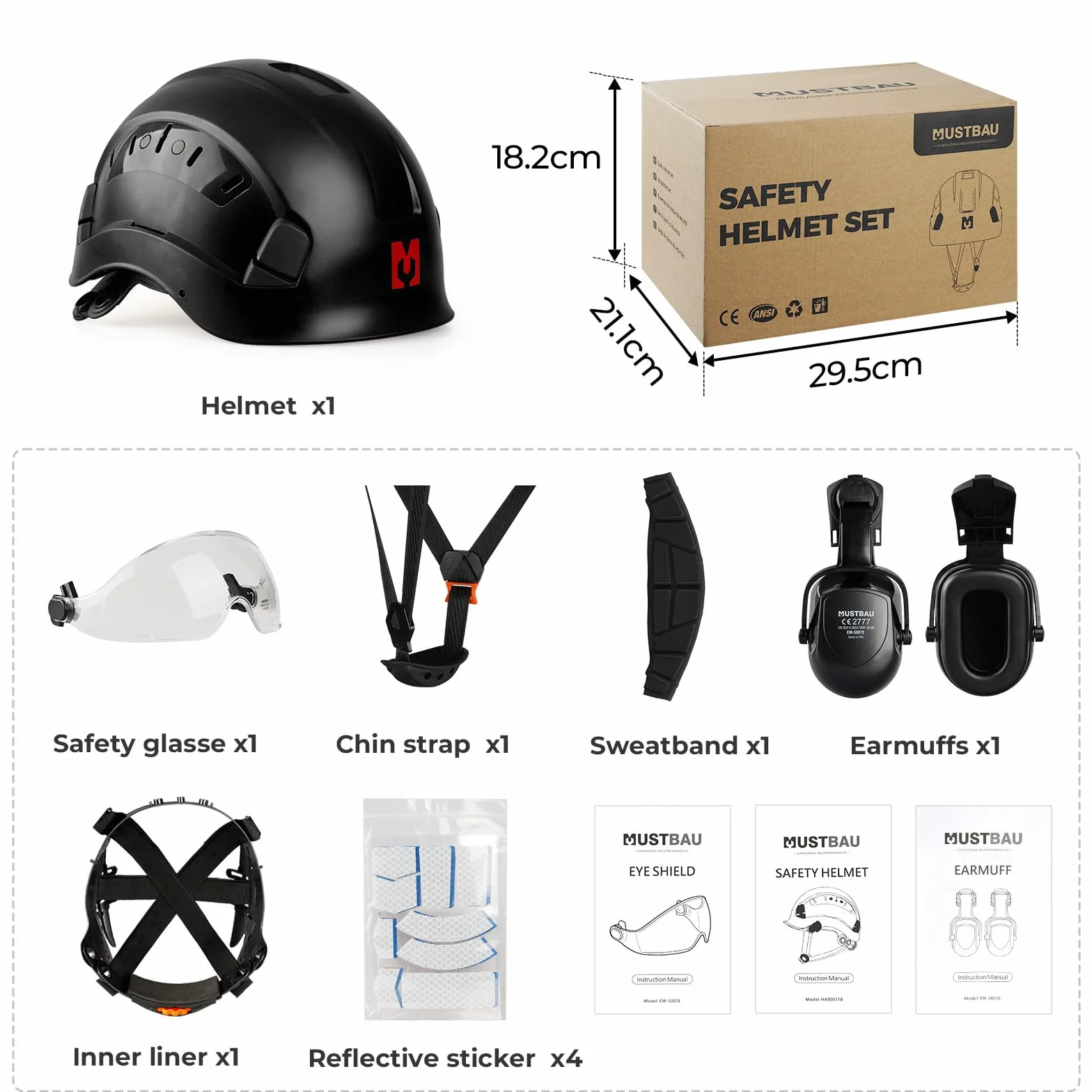 Kask ochronny EN397 z nausznikami i wizjerem, regulowany 53-63 cm, ABS