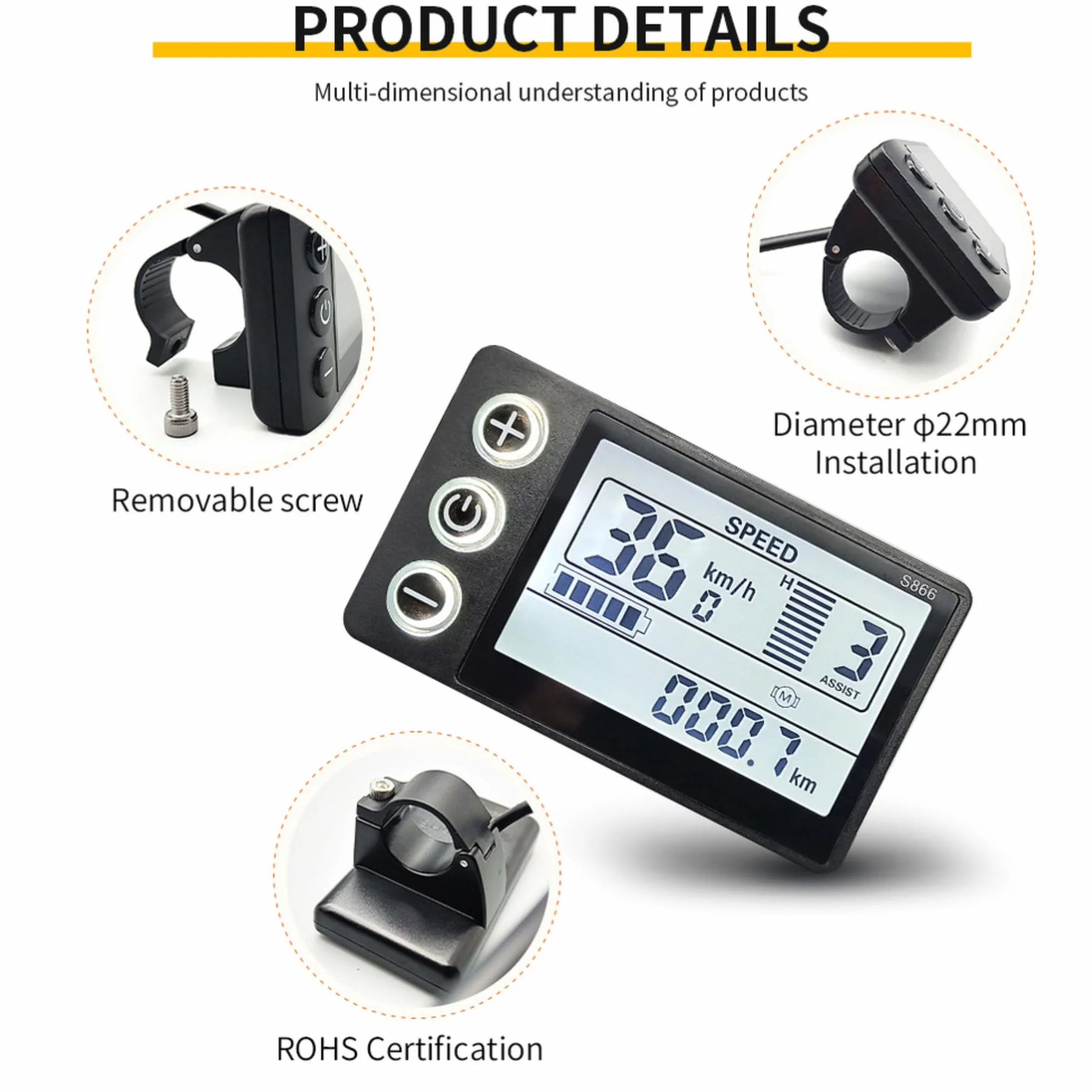 Miernik z Wyświetlaczem LCD do Roweru Elektrycznego S866, 6-pinowy 24 V 36 V 48 V 60 V E Bike Wodoodporny Wyświetlacz Panel Sterowania Miernikiem, Uniwersalny Ekran Panelu LCD do