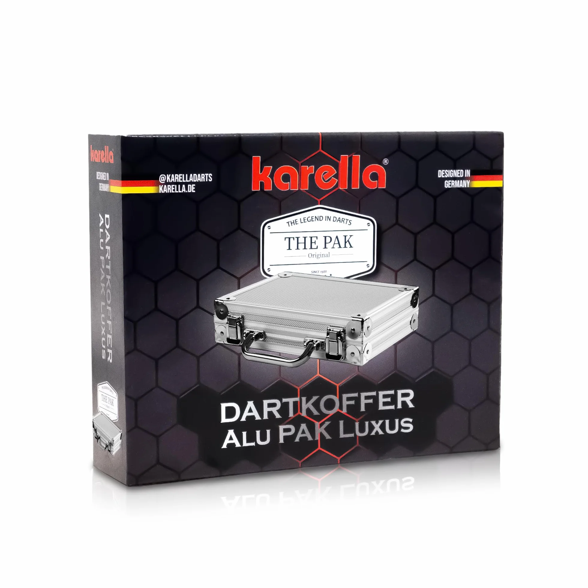 Karella Walizka aluminiowa PAK Luxus, High Class Profi etui na 2 zestawy rzutek miękkich lub stalowych, duża torba, z dużą ilością miejsca na rzutki i akcesoria, w kolorze srebrnym, czarnym i w wersji