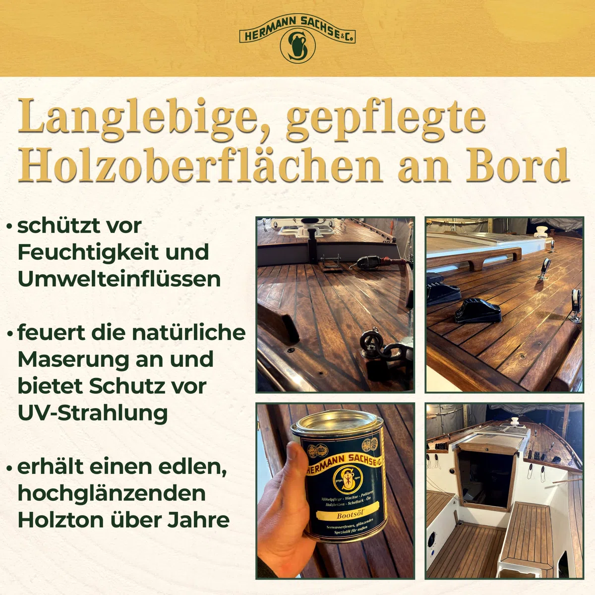 Hermann Sachse Yacht- und Bootsöl farblos - 750ml - Pflegeöl für Dein Boot - witterungsbeständiges, glänzendes Holzöl - Effektiver Holzschutz - Langanhaltendes Pflegeöl für Außen - Made in Germany