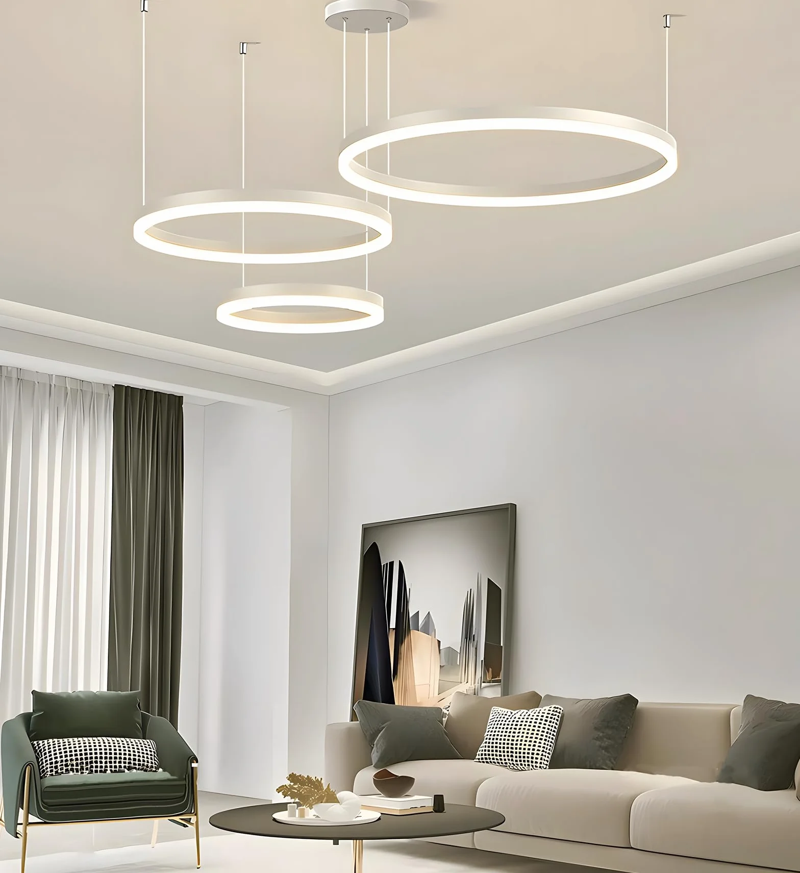 Nowoczesny Żyrandol LED 45W 3 Biały Pierścienie 20+40+60cm Metalowy Akrylowy Ściemniany Pilotem 2,4G Lampa Wisząca Sufitowa