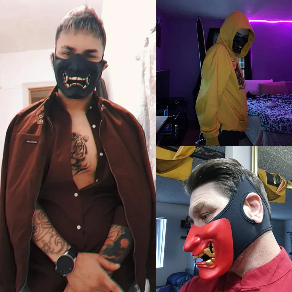 Airsoft Półmaska na twarz, zły demon, potwór, Kabuki, samuraj, Hannya Oni, półtwarz, maski ochronne na bal maskowy, imprezę, Halloween, gry wojenne Cs (regulowany pasek, czarna)
