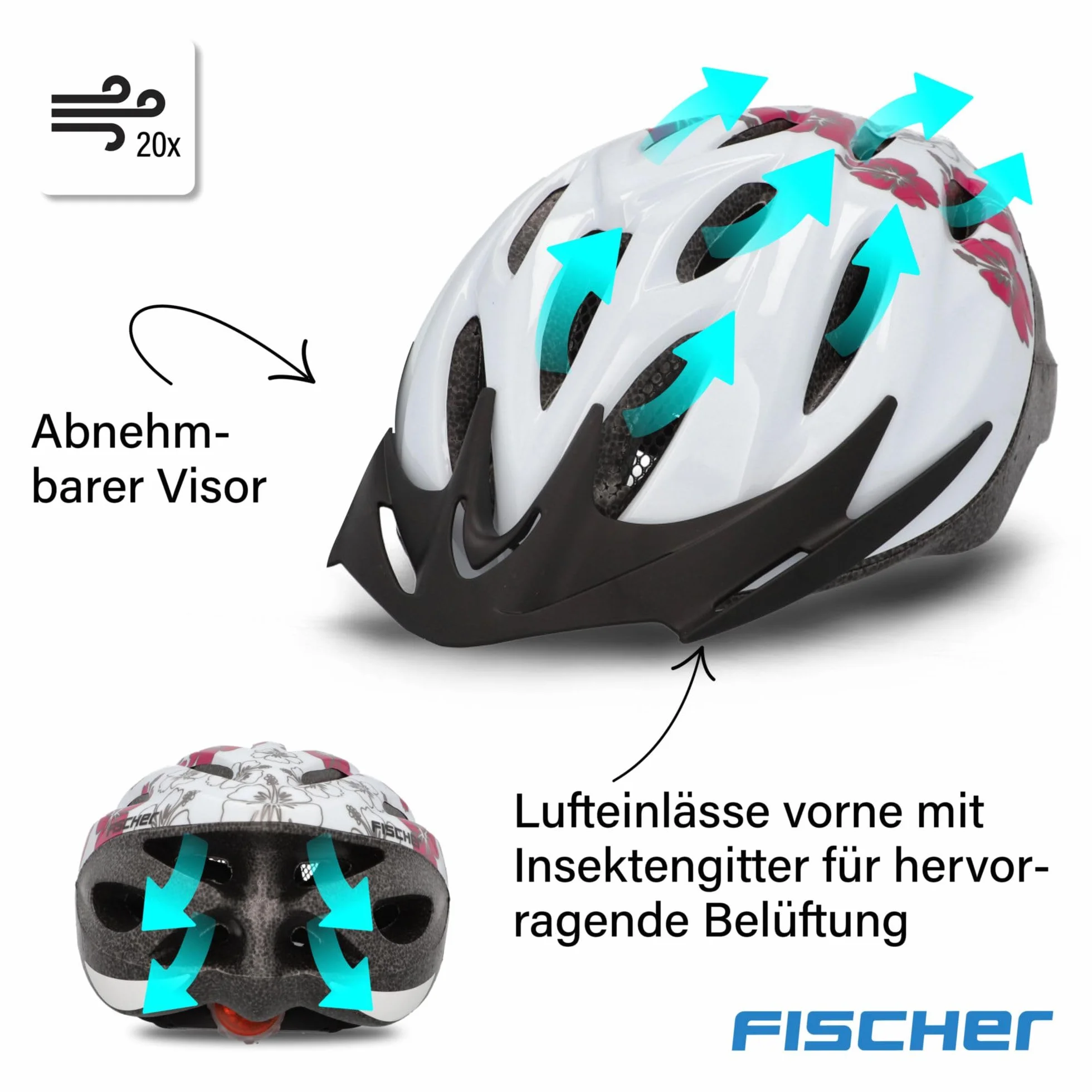 FISCHER Kask rowerowy dla dorosłych, kask rowerowy Hawaii, rozmiar S/M, 54-59 cm, biało-różowy