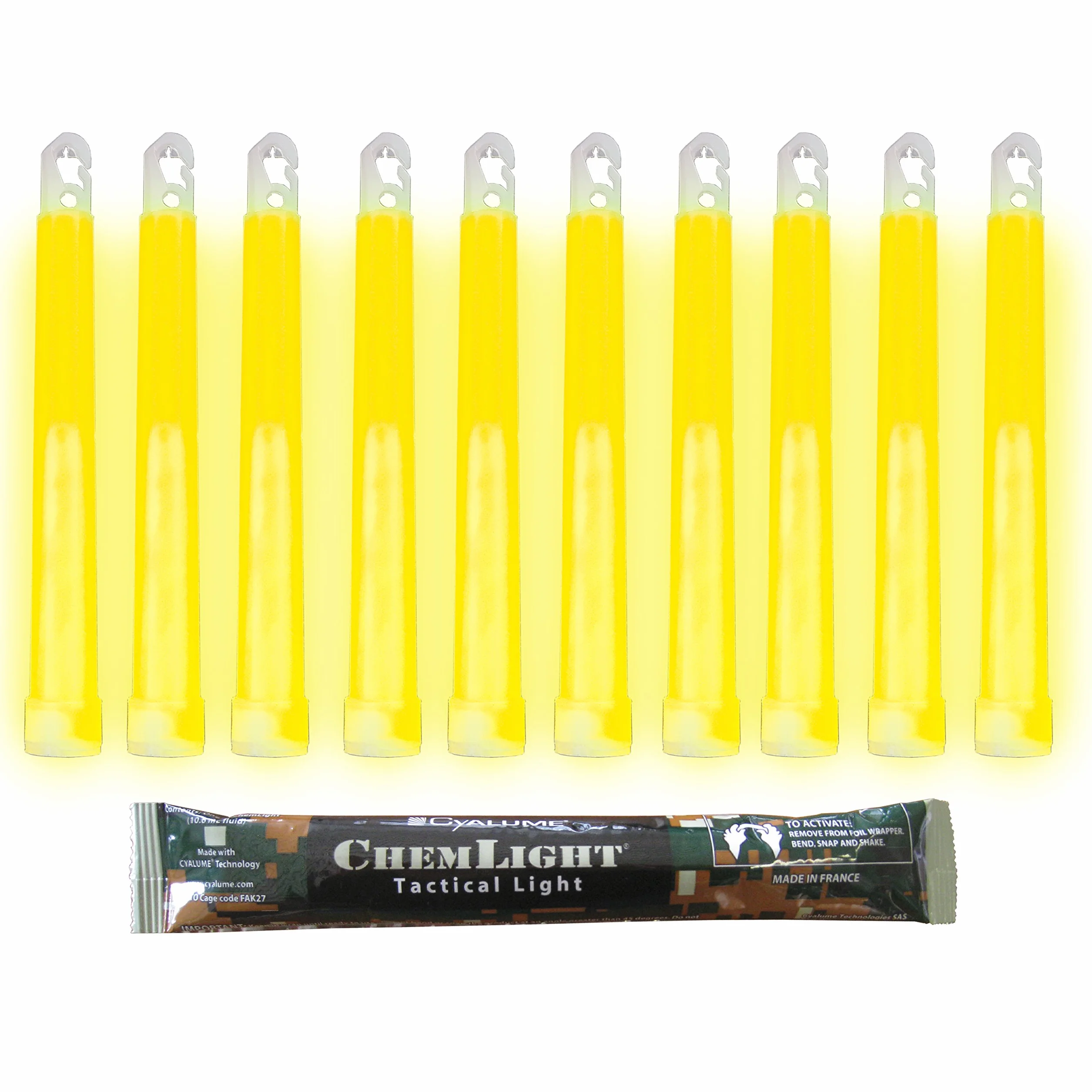 Cyalume Świetlówka 15 cm, oryginalna wojskowa ChemLight Lightsticks w kolorze żółtym (10 szt.), długi czas palenia 12 godzin, 100% zgodność ze specyfikacjami NATO