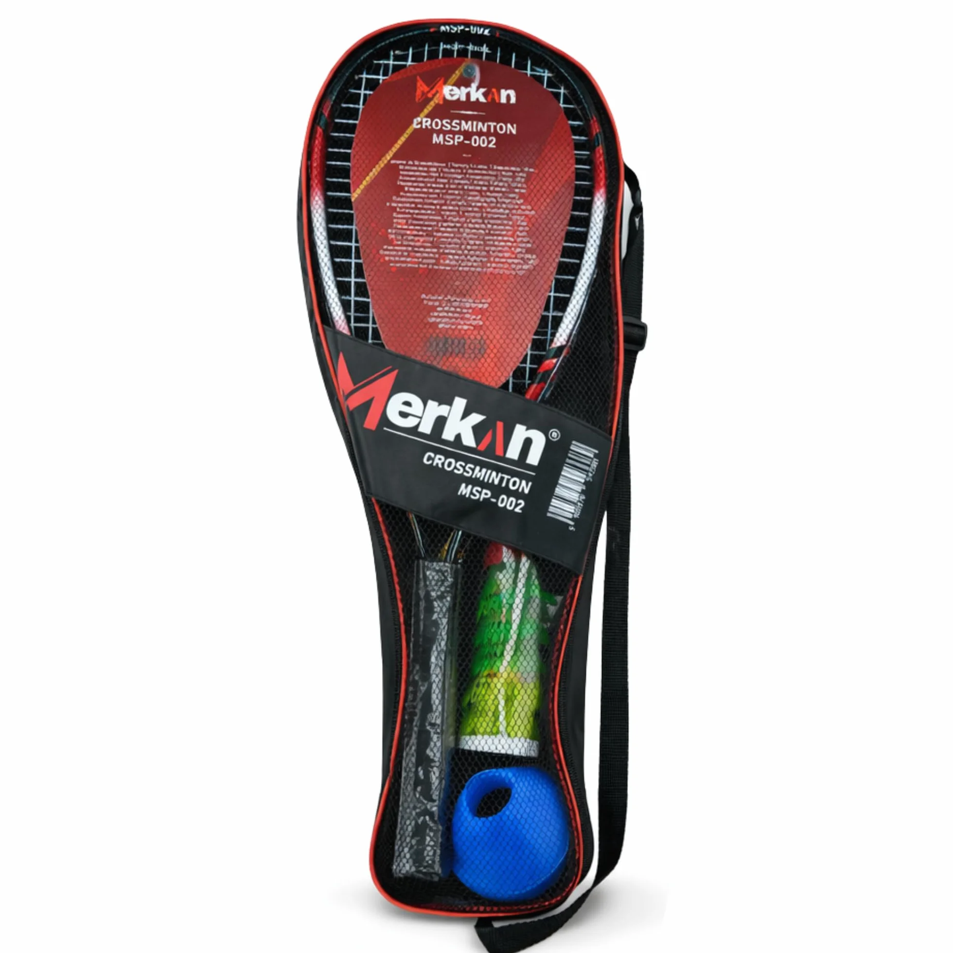 Zestaw do speed-badmintona, 2 aluminiowe rakiety 58,9 cm, 5 lotek nylon, piłka, wyznaczniki pola, torba