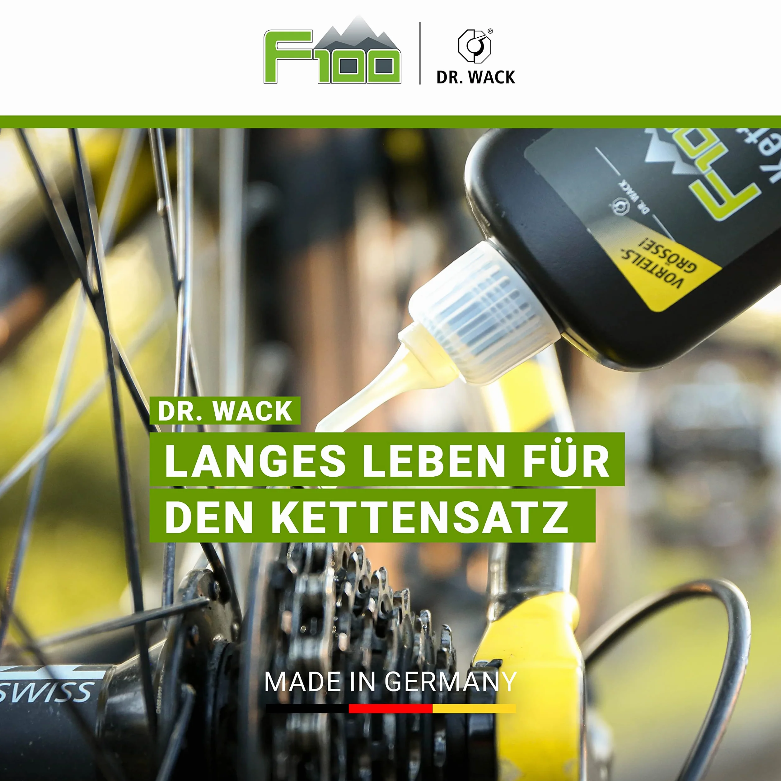 Dr. Wack - F100 olej do łańcuchów – butelka z zakraplaczem 100 ml I korzystny rozmiar I olej do łańcuchów rowerowych premium dla mniejszego tarcia i zużycia I olej do łańcuchów do wszystkich rowerów I wysokiej jakości pielęgnacja roweru – Made in Germany