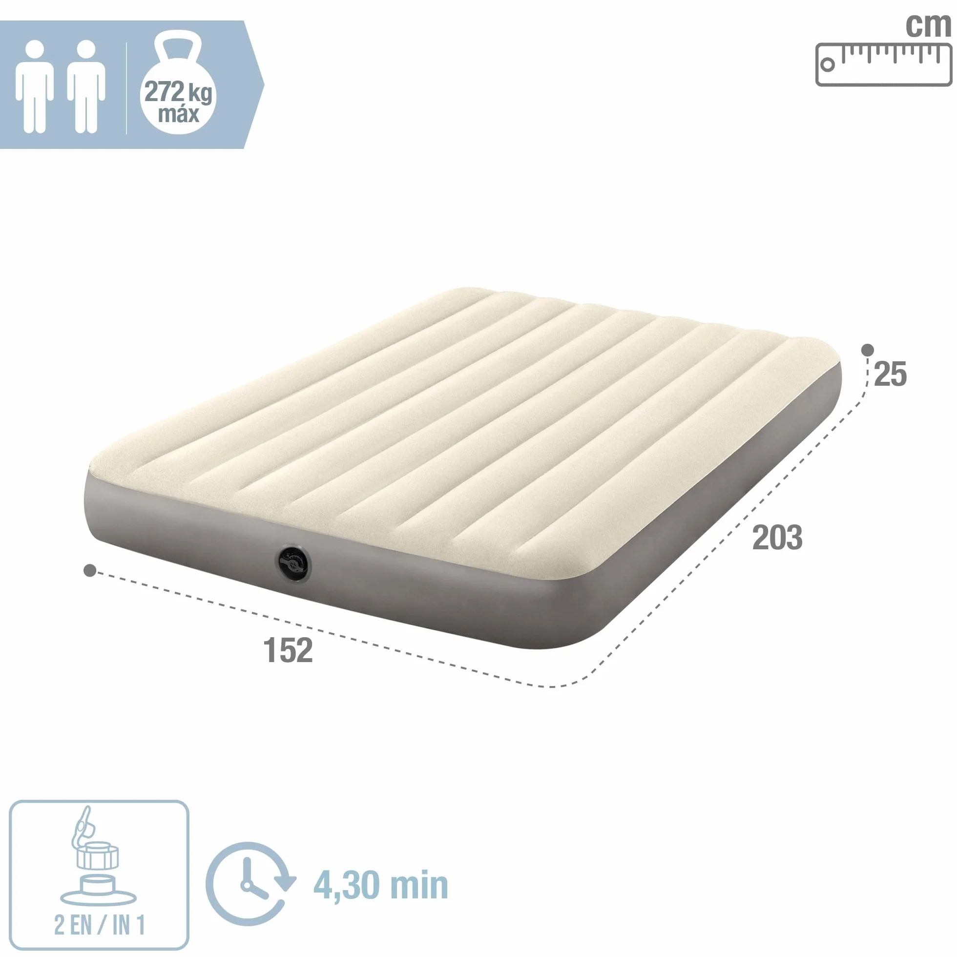 Intex Airbed Materasso Deluxe Classic Matrimoniale Dura Beam con Tecnologia Fiber Tech, Tinta Unita, Tortora/Grigio, 152 x 203 x 25 cm
