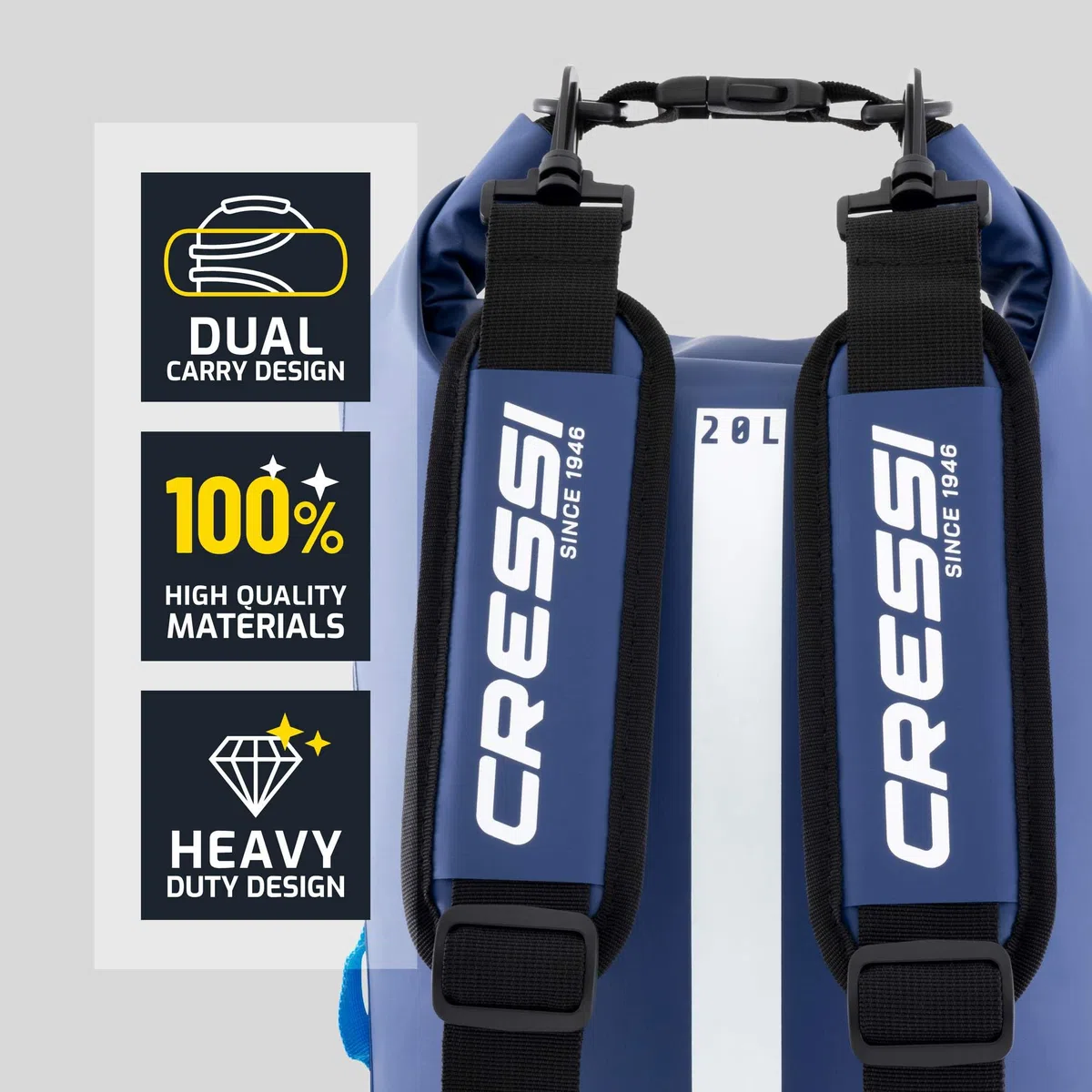 CRESSI since 1946 - Ocelot Dry Bag - Unisex Dry Waterproof Bag for Sea, Boat and Water Activities, Available in Small, Medium and Large Sizes, Blue/Light Blue 20 L