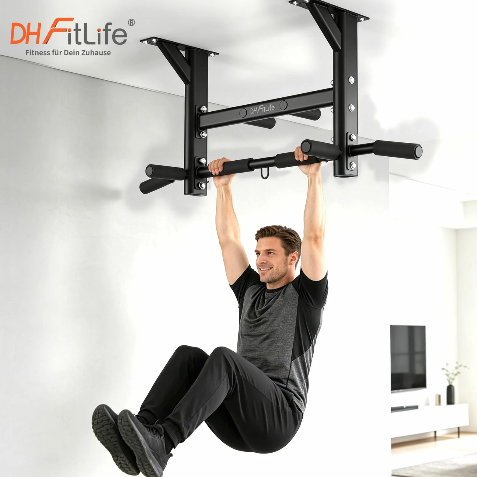 DH FitLife Drążek Sufitowy do Podciągania 4 w 1 do 300 kg | 8 Antypoślizgowych Uchwytów | 3 Punkty Mocowania | Stabilny i Bezpieczny