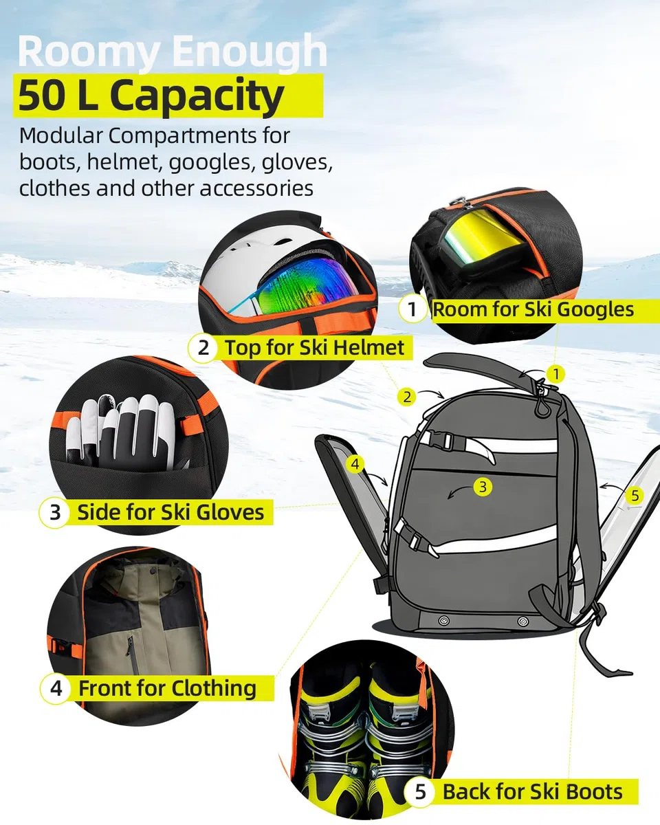 Abahub Torba na buty narciarskie z kieszenią na kask, plecak na buty narciarskie, 50 l, 1680D, nylon, wodoodporny, wyściełany, plecak na buty narciarskie, kask snowboardowy i akcesoria, Skiing Boot