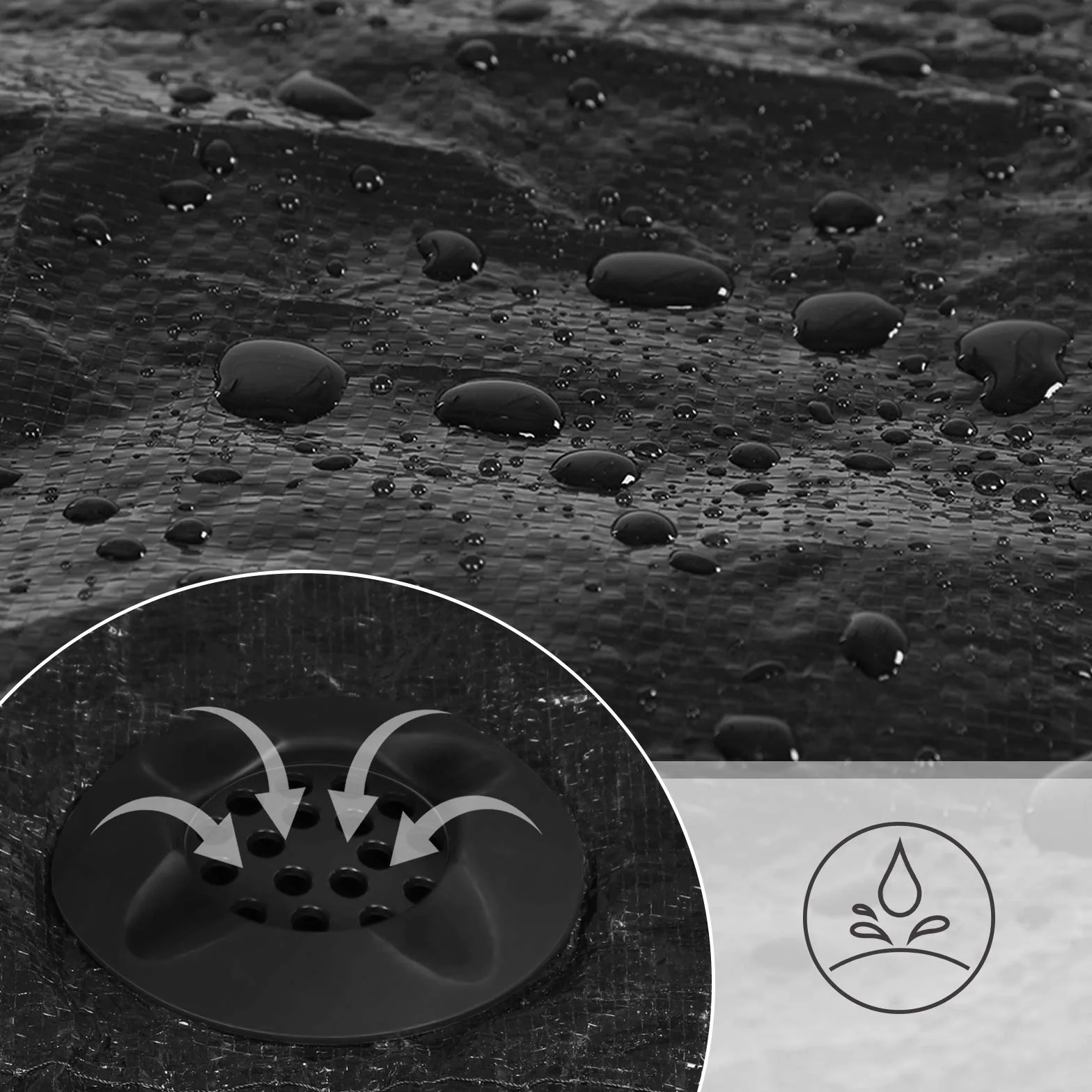 SONGMICS Osłona Ø 244 305 366 cm na trampolinę, plandeka z otworami odpływowymi, plandeka chroniąca przed słońcem, liśćmi, śniegiem i brudem, elastyczne taśmy i haczyki, czarna