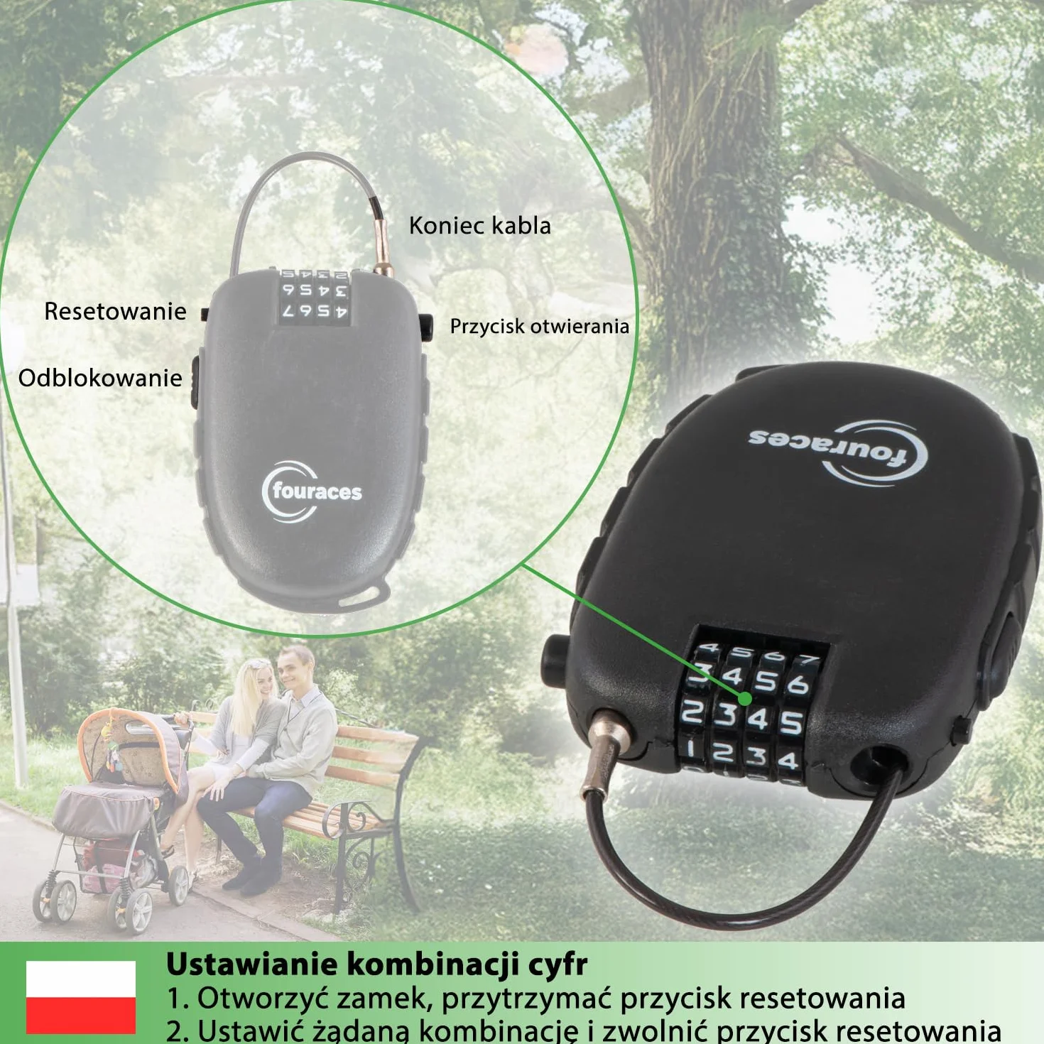 fouraces mini zamek linkowy 70 cm, wysuwany 4-cyfrowy szyfrowy – do hulajnogi, roweru (szosowego), wózka dziecięcego i sprzętu narciarskiego
