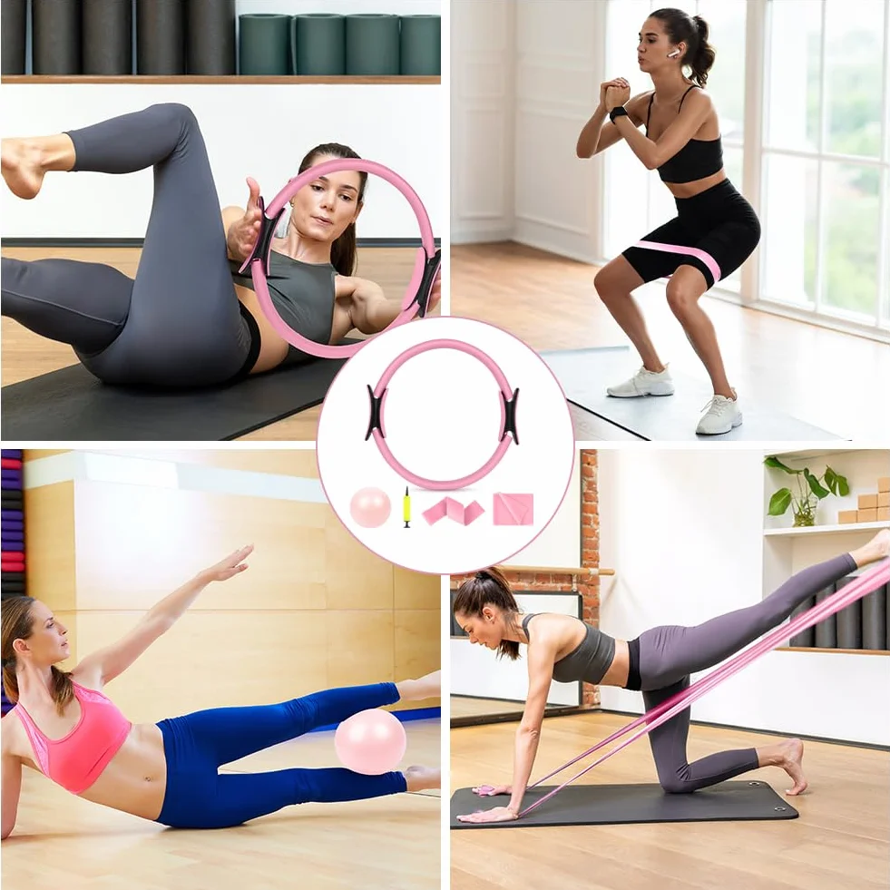 Zestaw pierścieni do pilatesu 38 cm magiczne koło z podwójnymi uchwytami, 4 szt. z opaską oporową, piłką do jogi