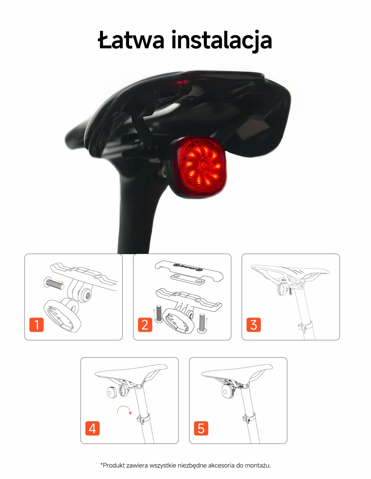 iGPSPORT TL50 Tylne Światło Rowerowe, Ładowanie USB-C, z Czujnikiem Hamowania, Widoczność Do 1,2 km, 6 Trybów Światła