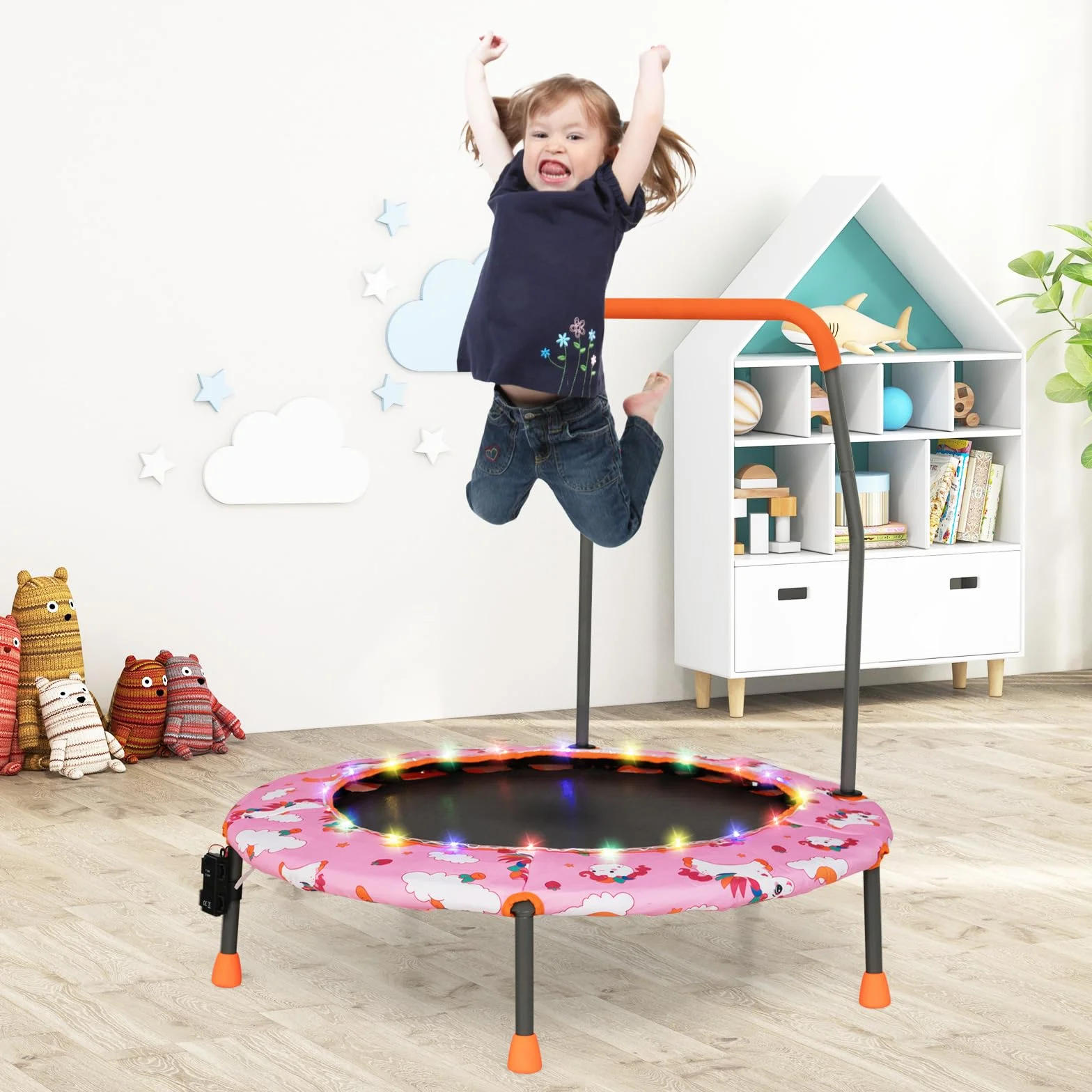 COSTWAY Trampolina dla dzieci o średnicy 92 cm, mini trampolina z oświetleniem LED i zdejmowanym uchwytem, trampolina fitness, trampolina ogrodowa, do użytku wewnątrz i na zewnątrz, dla dzieci w wieku