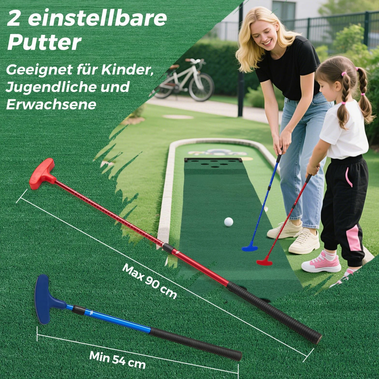 COSTWAY Mata do gry w golfa 332 x 50 cm, putting green z 2 regulowanymi kijkami do puttingu, 6 piłkami i 12 osłonami otworów, przenośna mata golfowa do użytku wewnątrz i na zewnątrz, mata do ćwiczeń