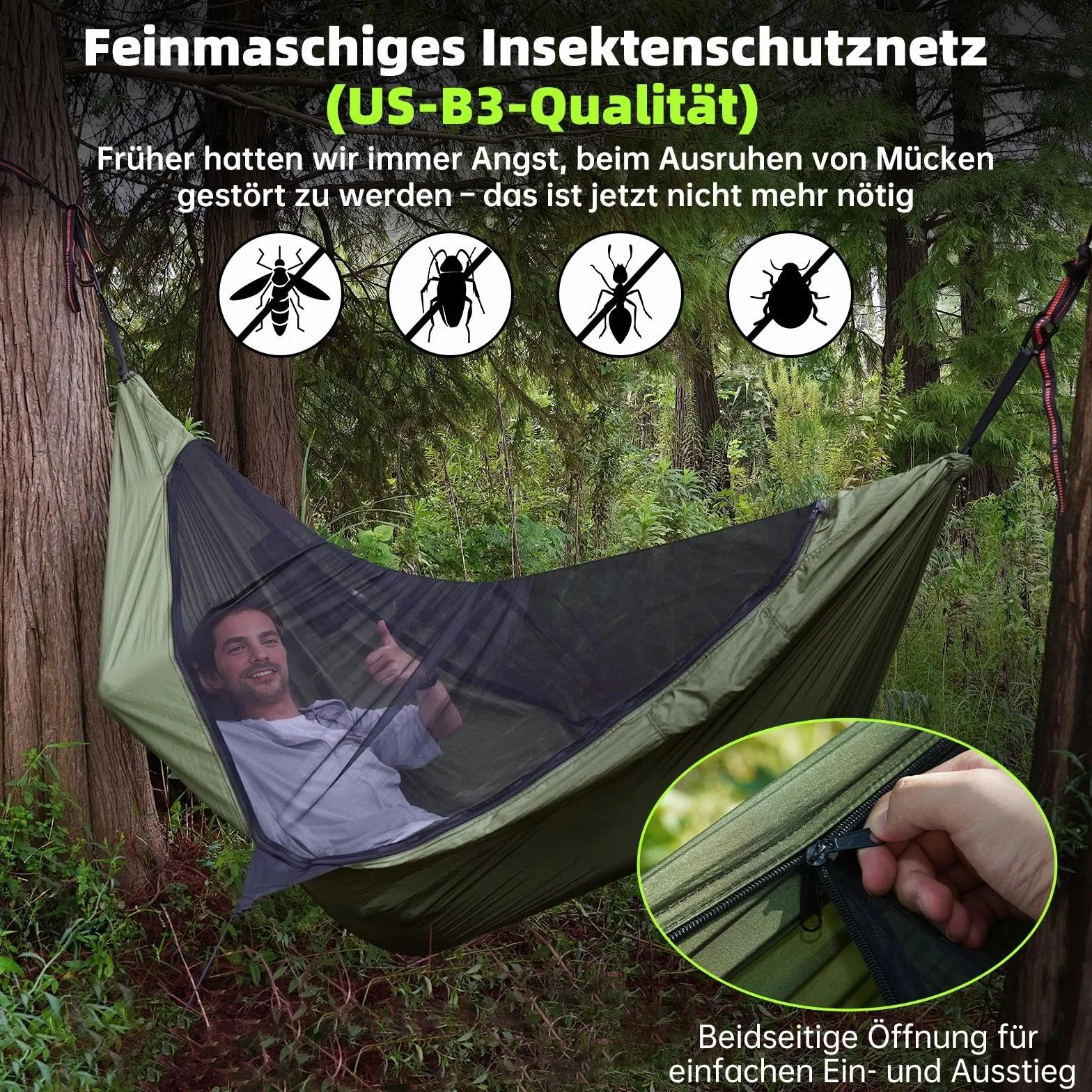MIKKUPPA Hamak outdoorowy z moskitierą 350 kg, ultralekki, nylon spadochronowy, pasy na drzewo, zestaw
