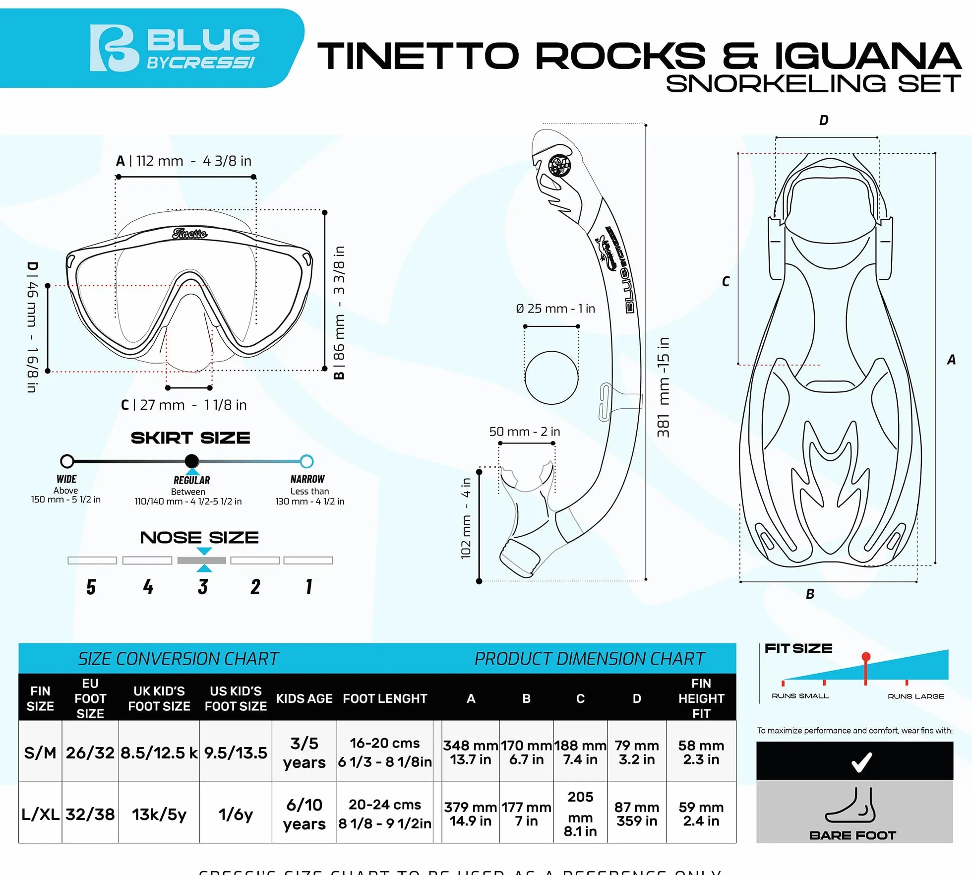 CRESSI Tinetto Rocks Dry Set Blue Navy/Ice Cyan L/XL - Kids Snorkeling Set Short Adjustable Fins, Silicone Mask, and Dry Snorkel, Blue Navy/Ice Cyan, L/XL